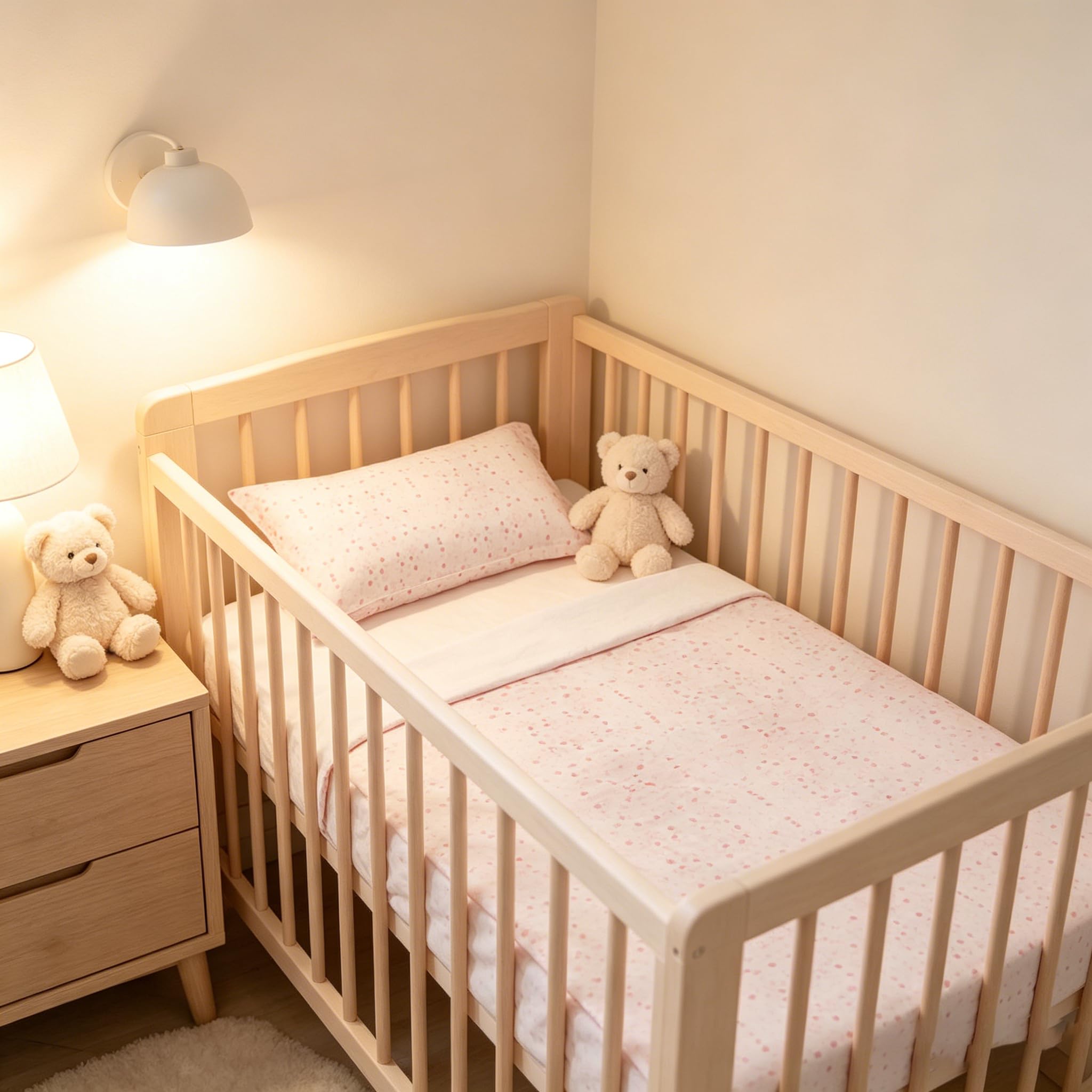 Various Parure de lit berceau 60x120 cm - Parure de lit bébé 100% coton extra doux finition européenne - (drap housse + drap plat + taie d'oreiller) motif lune rose/blanc
