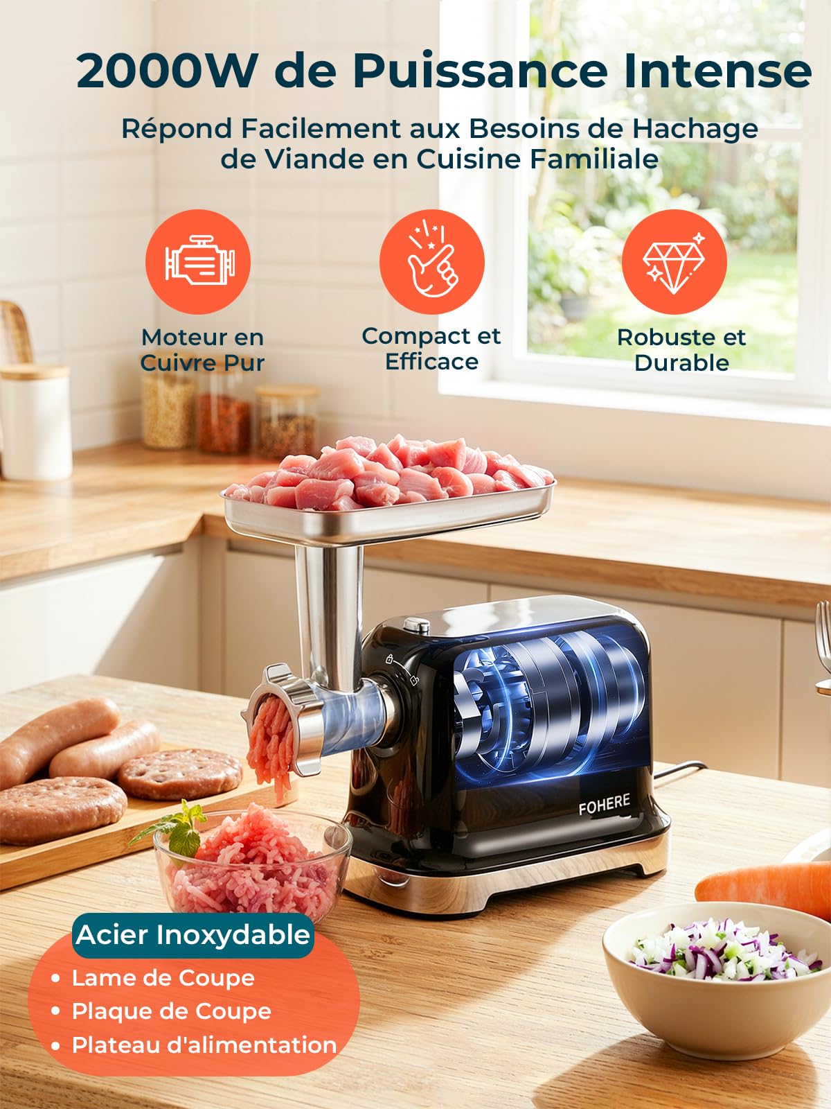 FOHERE Hachoir à Viande Électrique, 2000W Moteur à Courant Continu Hachoir Électrique Avec 2 Lame de Coupe, 3 Plaque de Coupe (7MM/5MM/3MM), Tuyau de Saucisse, Forme-kubbe, Hachoir à Viande Domestique