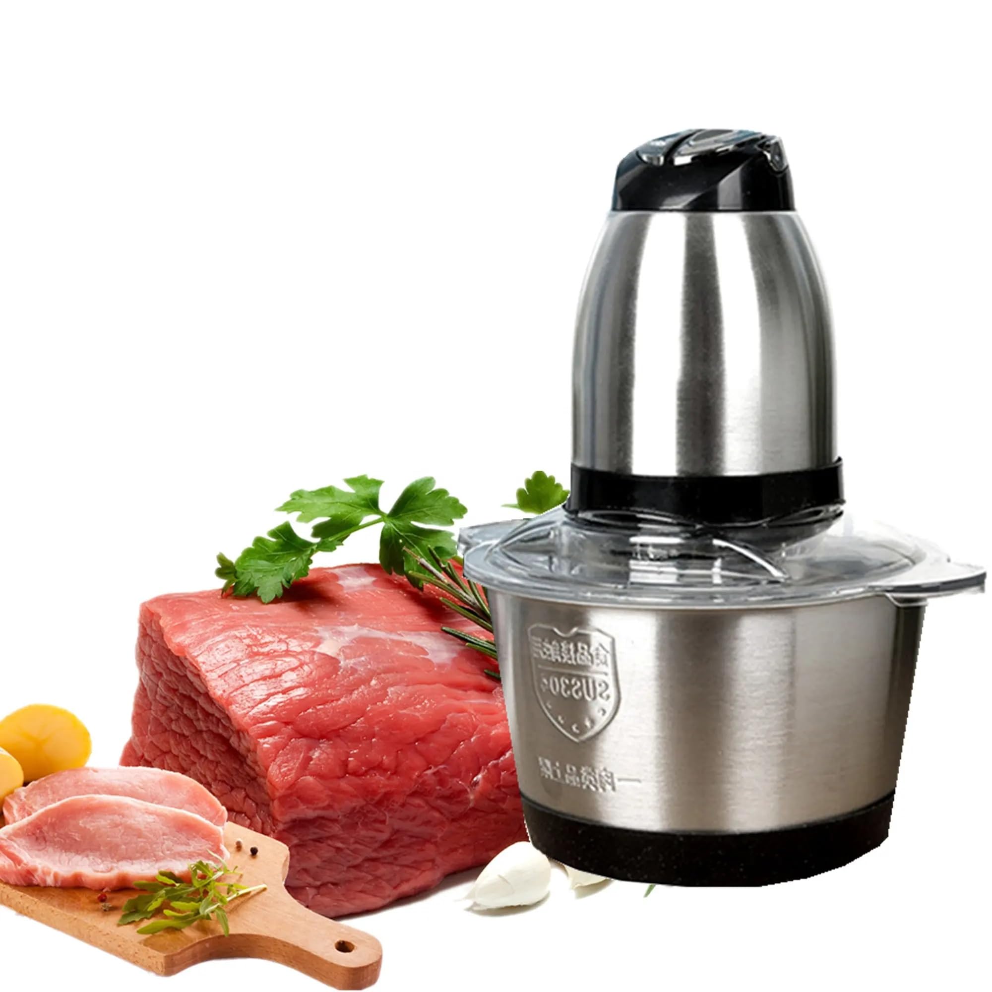 electric meat food processor - 2l stainless steel blender & chopper for meat, onion, vegetables with bi-level 4 sharp blades, 2 speed, 300w