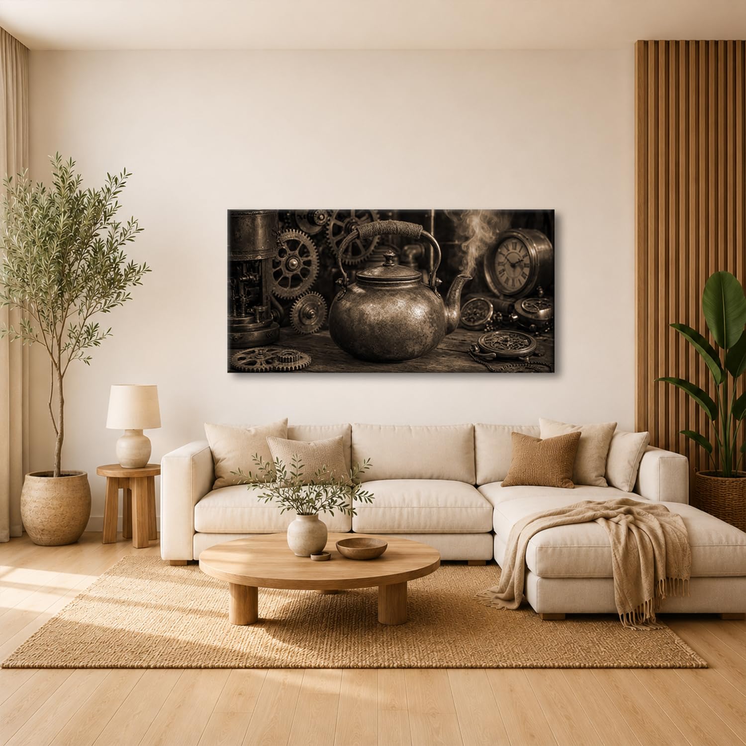 deyoli Obraz na płótnie antyczny miedziany dzbanek do herbaty z parą 60 x 30 cm Sepia