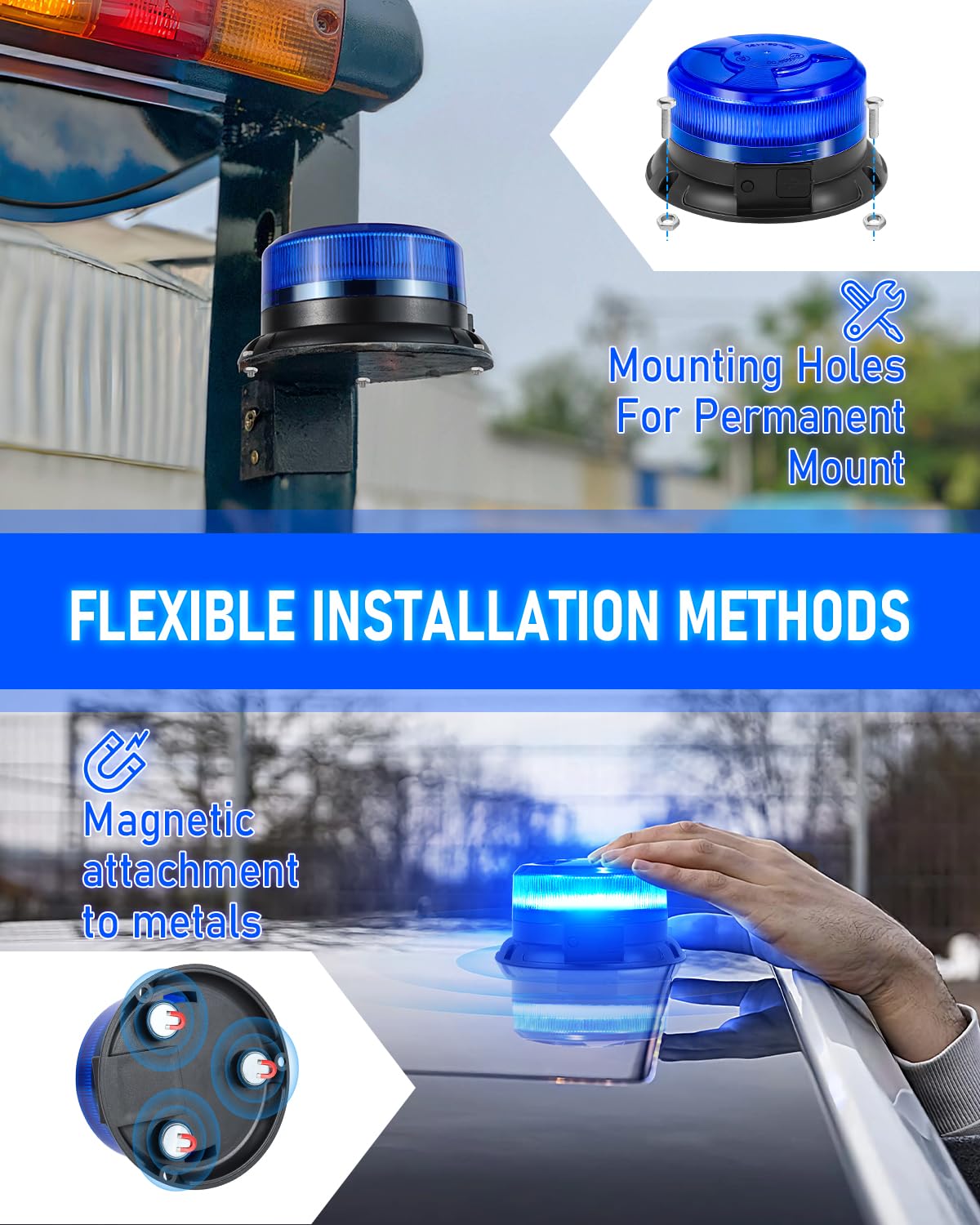 Dinfu rotativo led bateria azul con mando a distancia LED intermitente base magnética 9 modos de luz intermitente con el coche cable de carga y cable USB para el coche de policía camión UTV