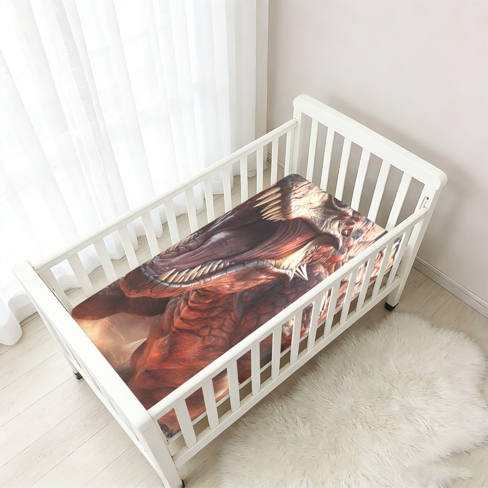 Dessin Animé Dinosaure en ColèRe Drap Housse pour Lit BéBé en Coton Doux,Adapté au Matelas Parc