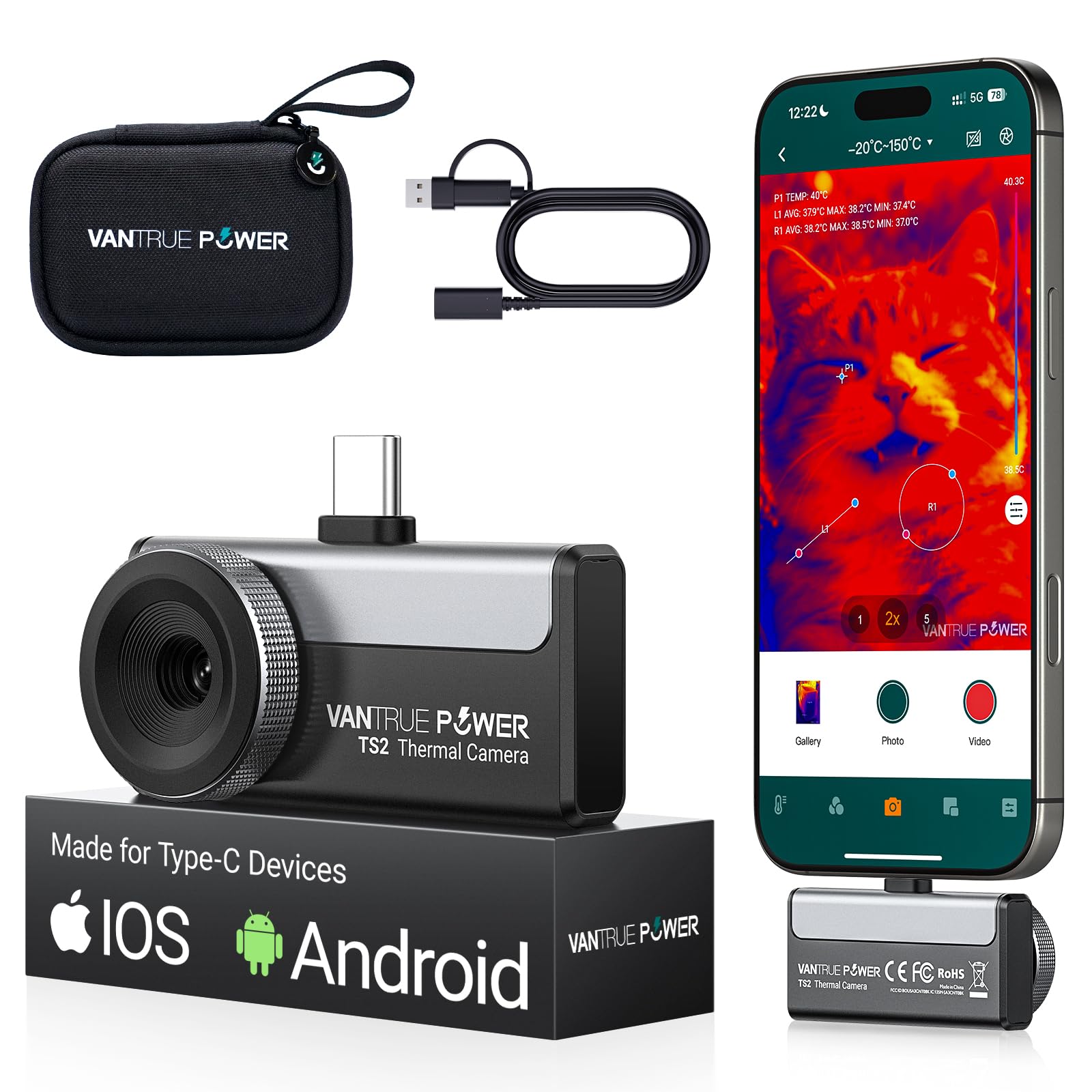 VANTRUE POWER TS2 Wärmebildkamera Thermalkamera für iOS, iPad & Android, 8mm Makro-Vision Infrarotkamera manuellem Objektiv, 512x384 Superauflösung, -20 °C bis 550 °C, für Haus-& HLK-Inspektion