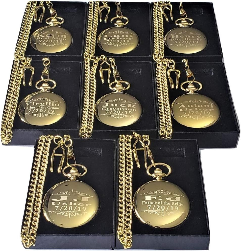 8 Gold Polished Engraved Pocket Watches - Gift Box Set of 8 for Weddings - Groomsmen Personalized Gifts with Chain and Box Included - Engraving Included