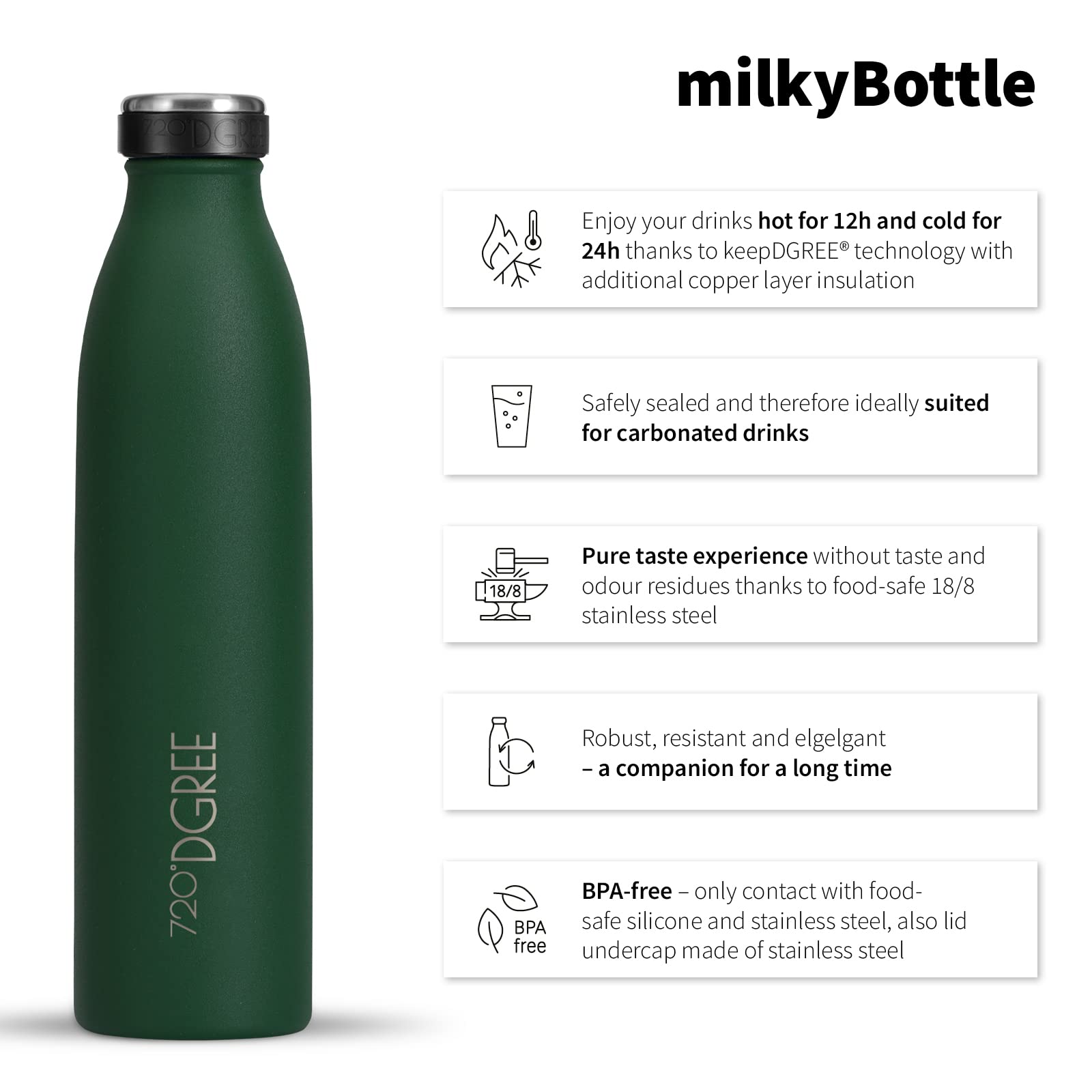 720°DGREE Butelka na wodę ze stali nierdzewnej "milkyBottle" – 1 l, wolna od BPA, szczelna, termoizolacyjna, napój gazowany, sport, szkoła, siłownia na świeżym powietrzu