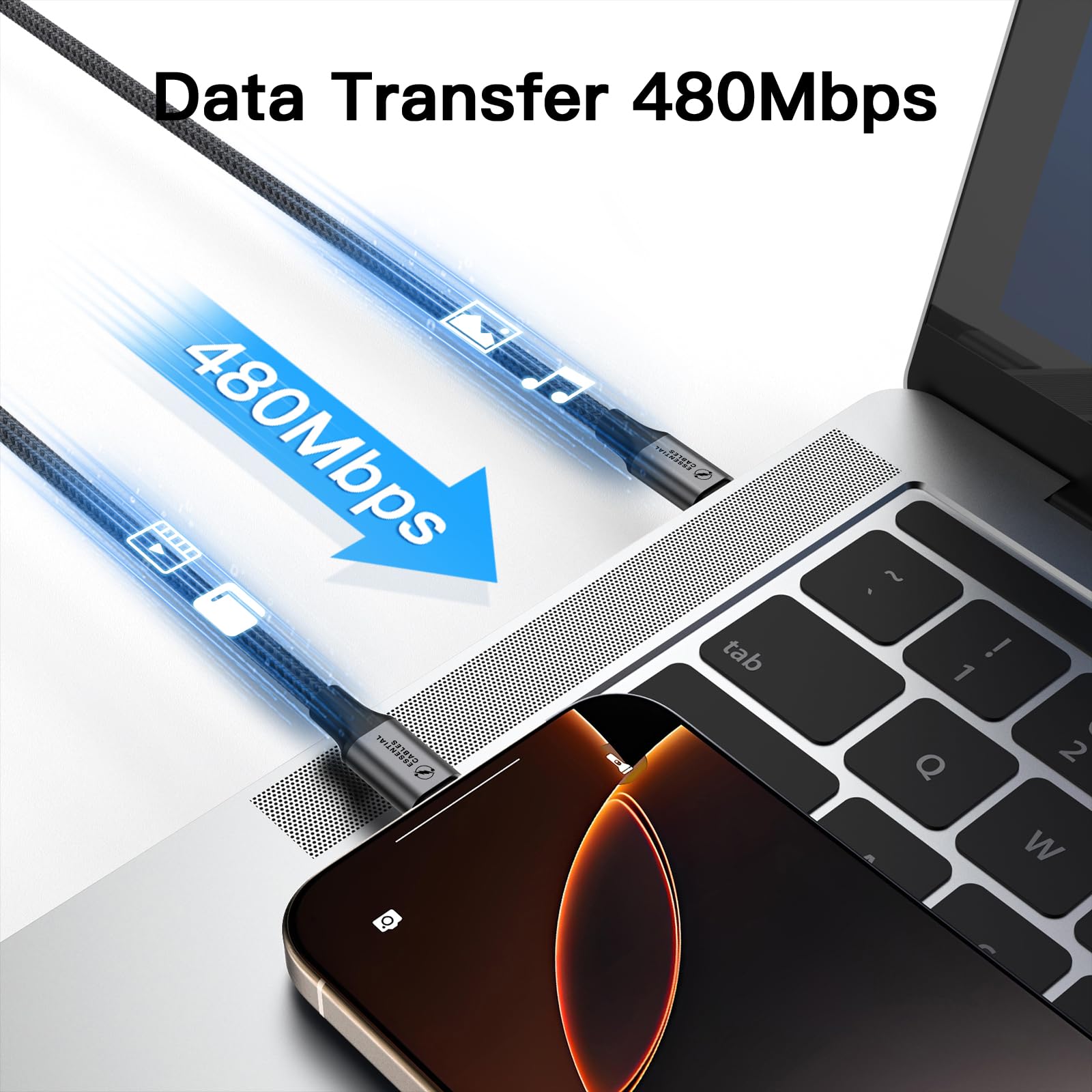 Cable de carga USB C a USB-C de 60 W tipo C a C de carga rápida compatible con iPhone 16/15 Pro Max, Galaxy S24 Ultra, Pixel 9, iPad Pro 2024/Air 5, MacBook Pro (2 m)