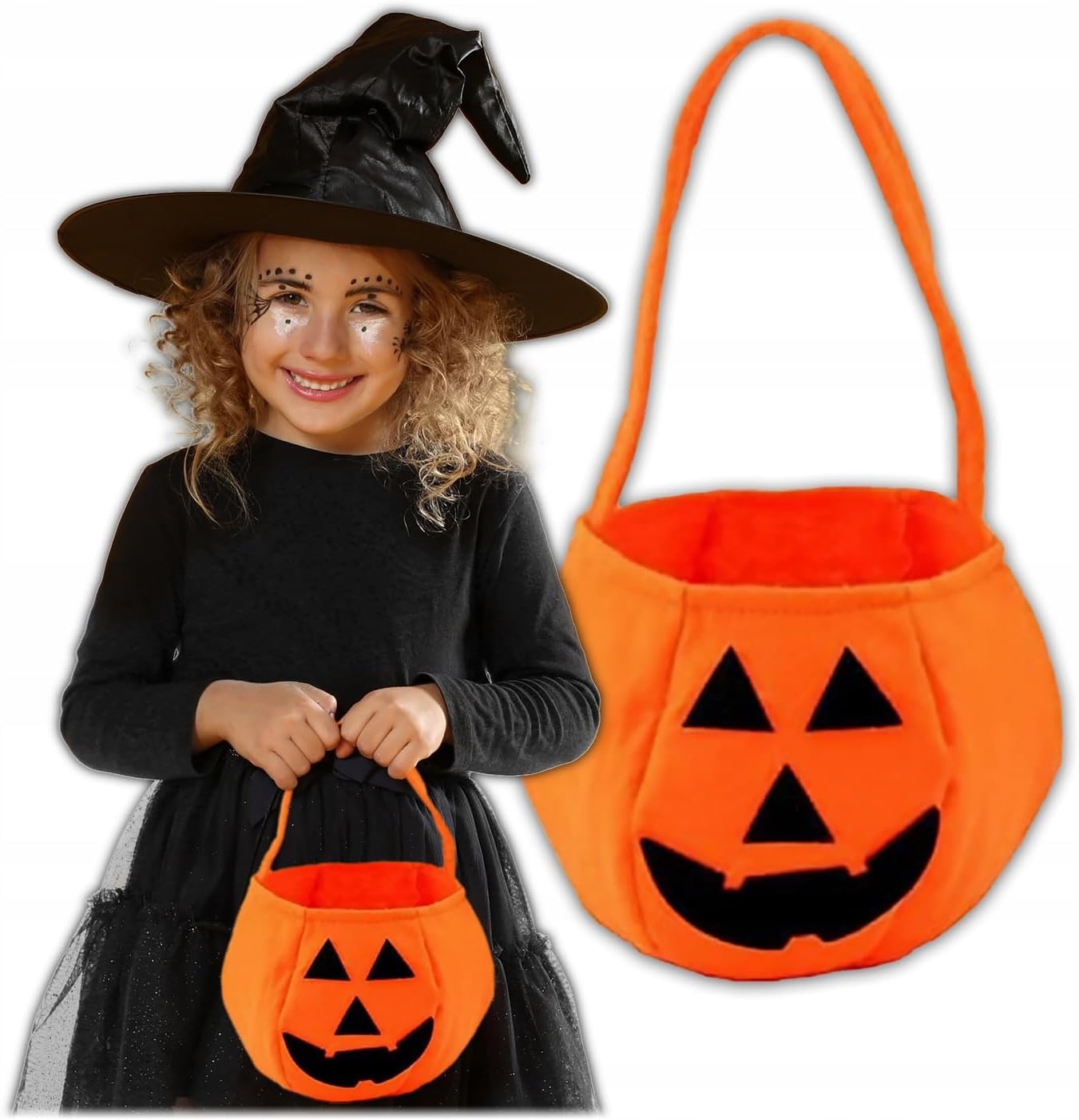 KRUMAD Halloween Kürbis Tasche für Süßigkeiten Kinder 28cm, Stoff Eimer Trick or Treat, Halloween Deko Kürbis Schale Beutel, Süßigkeiten Korb für Halloween Party Kostüm Accessoires