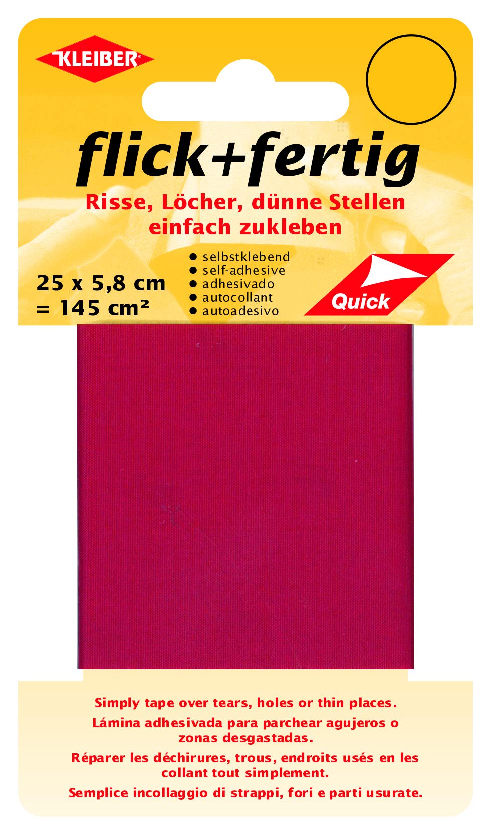 Kleiber flick und fertig, selbstklebender Flicken, Risse, Löcher, dünne Stellen einfach zukleben, Nylon zuschneidbar, hellrot (25 x 5,8 cm)