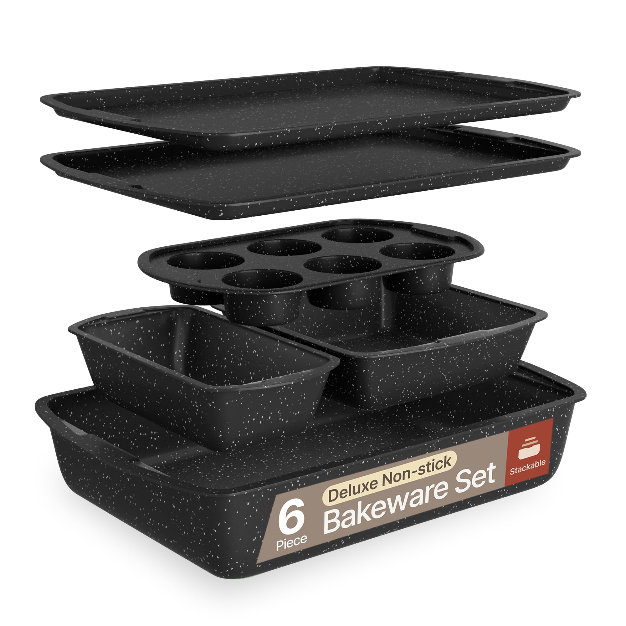 Bakeware Set – 6 Piece – Stackable, Deluxe, Non-Stick Baking Pans for Professional and Home Cooking – Carbon Steel, Gray Stone Coating