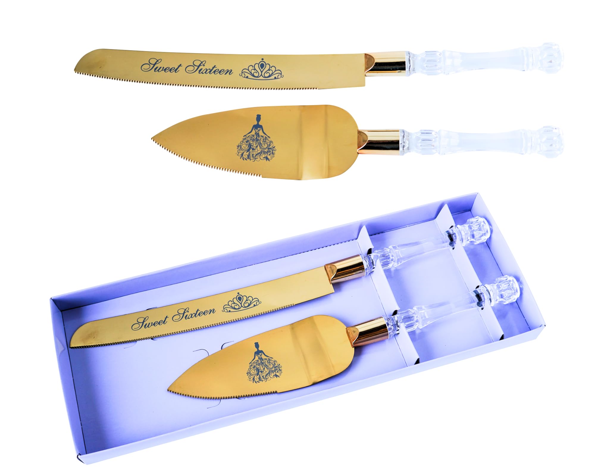 Lassos Boutique Sweet Sixteen16 Quinceanera Cake Serving and Knife Set, Birthday Cake Cutting Set. Feliz 16 Anos Decoration, Acrylic Handle, Stainless