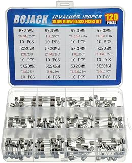 BOJACK Slow Blow Glass Fuses Assortment Kit 120pcs 12 Values 5x20mm 250V (0.5A-10A) in Clear Storage Box