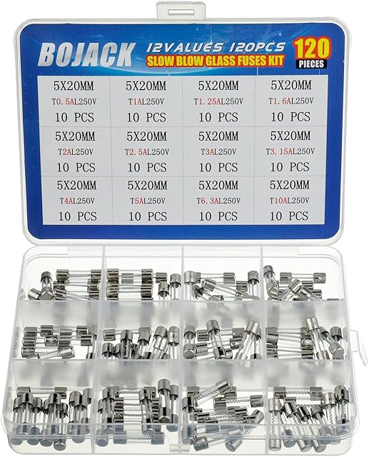 BOJACK 12 Values 120pcs Slow blow Glass Fuses Assortment Kit 5x20mm 250V T0.5A 1A 1.25A 1.6A 2A 2.5A 3A 3.15A 4A 5A 6.3A 10A packag in a Clear Plastic Box