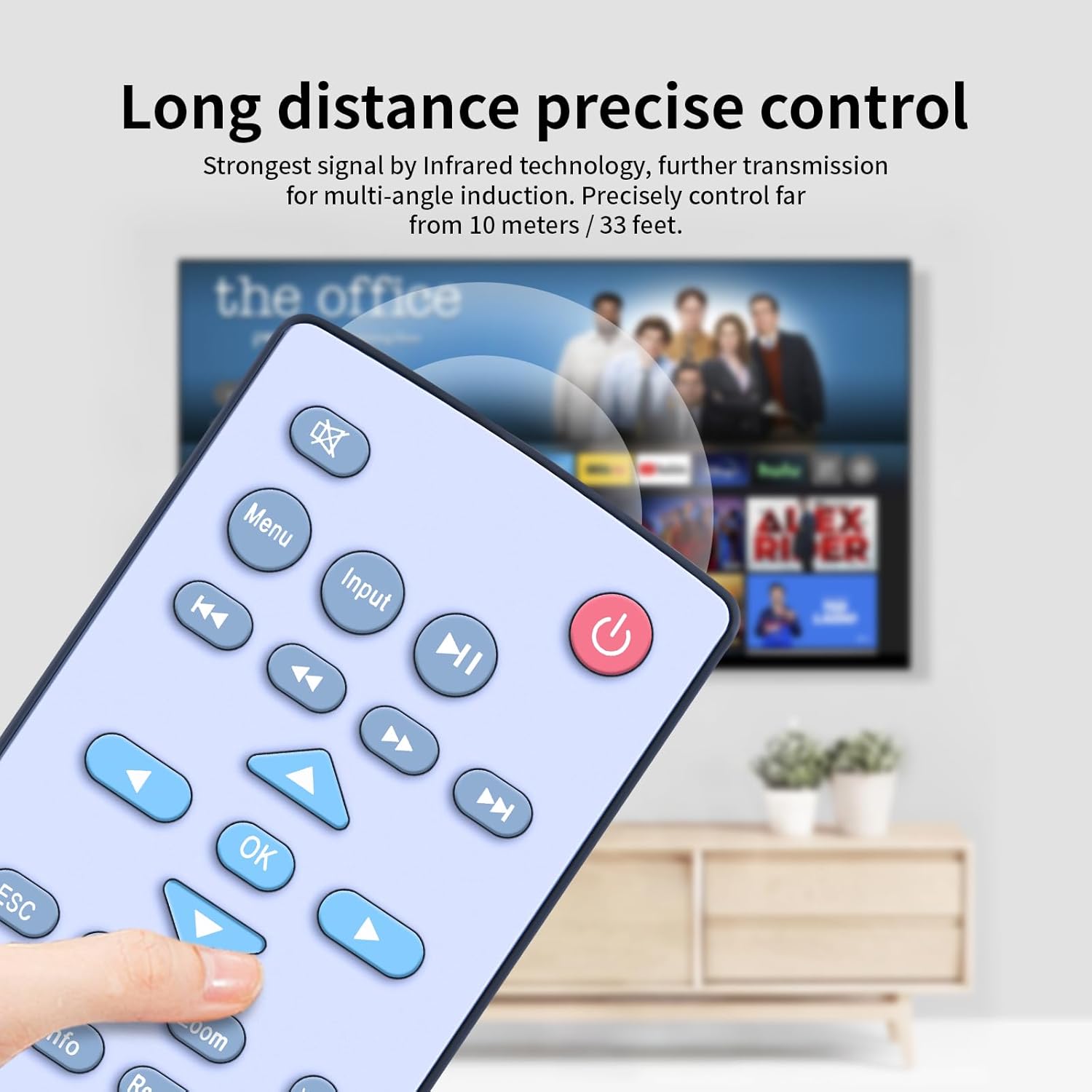 Hand holding the remote control, demonstrating long-distance control