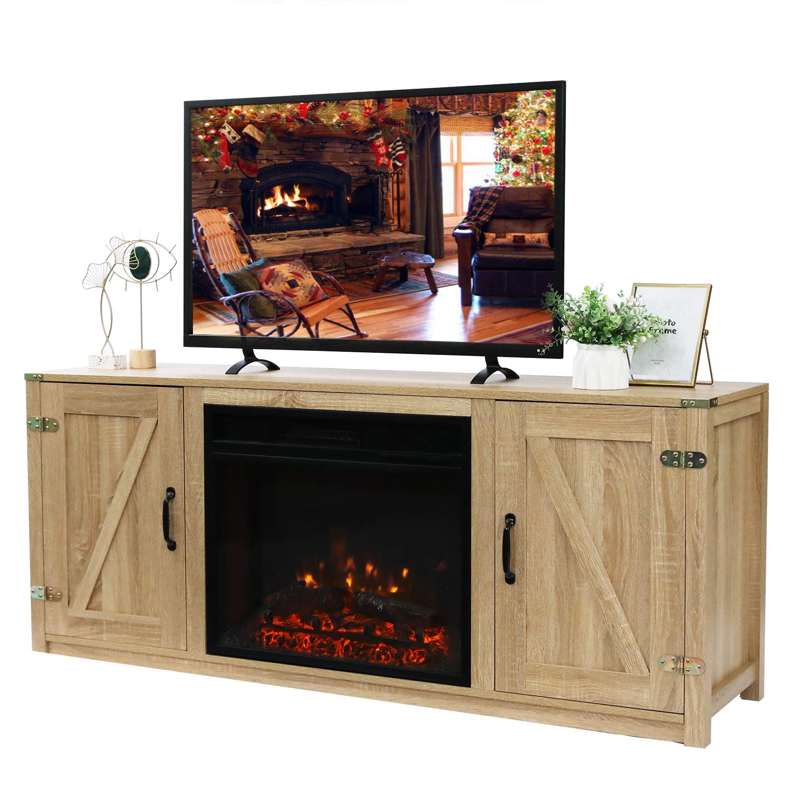 Buy VINGLI Rustic Electric Fireplace TV Stand with Barn Doors, 60 Inch ...