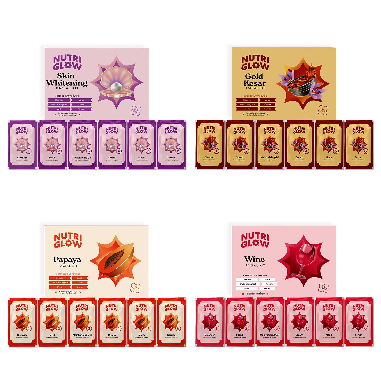 NutriGlow NATURAL'S Advance Pro Formula Combo of 4 Skin Cream ,Gold Kesar,Papaya,Wine Facial kit 60gm Each For Skin