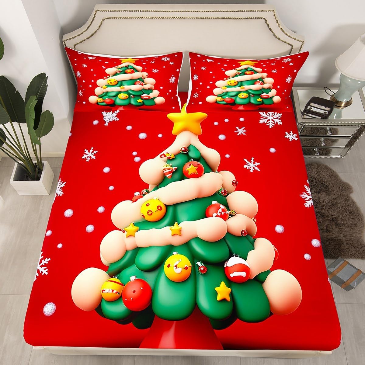 Christmas Trees Quilt Set for Kids Teens,Geometric Snowflake Bedspread Coverlet,Green and Red Bed Cover Xmas Theme Bedding Set Decorative Quilted 2 Piece Coverlet Set with 1 Pillow Sham,Twin Size