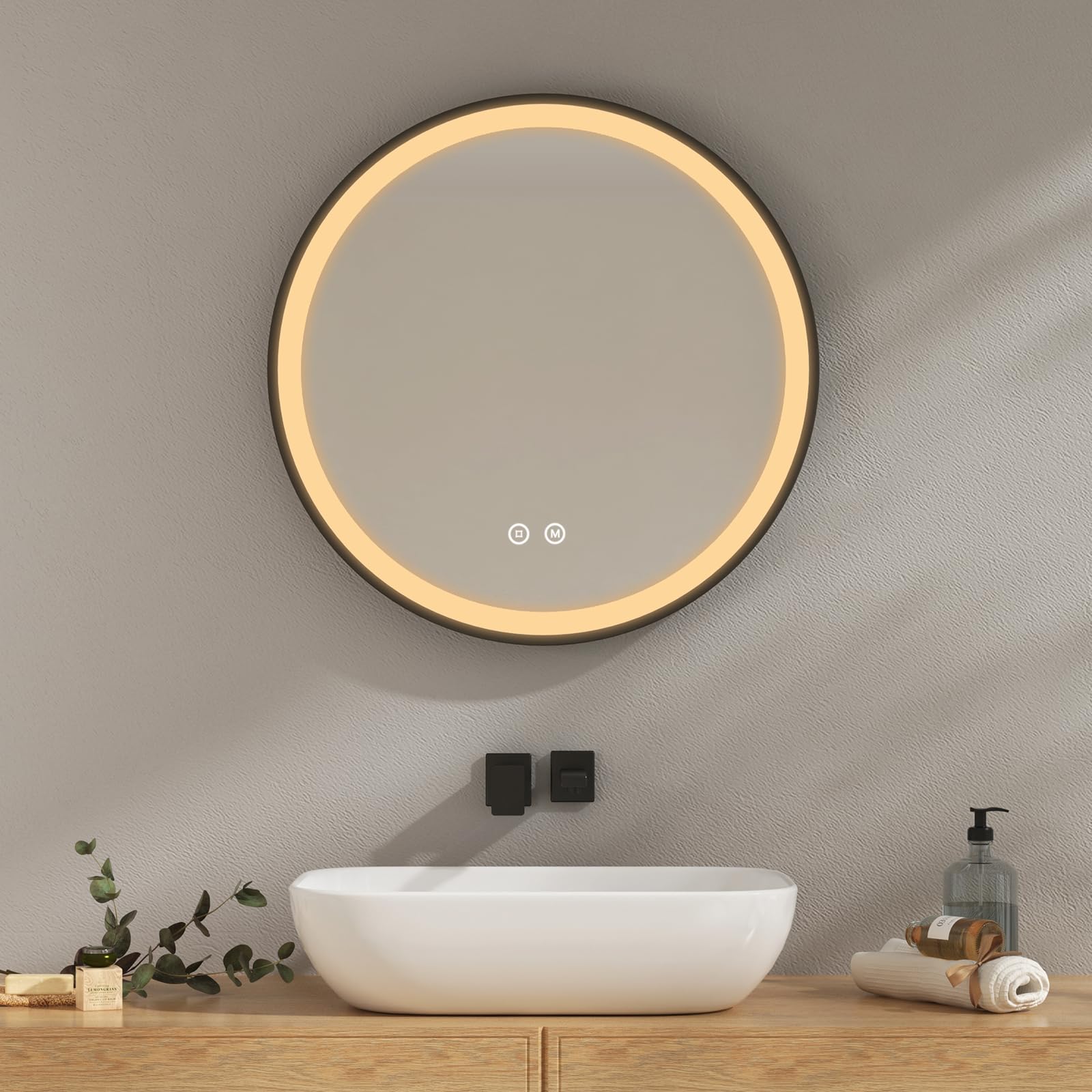 EMKE Badspiegel mit Beleuchtung rund 60cm Durchmesser, Badezimmerspiegel mit schwarzer Rahmen, 3 Lichtfarbe dimmbar, Speicherfunktion, Touch, 3 Stunden Auto-Abschaltung energiesparend wandspiegel