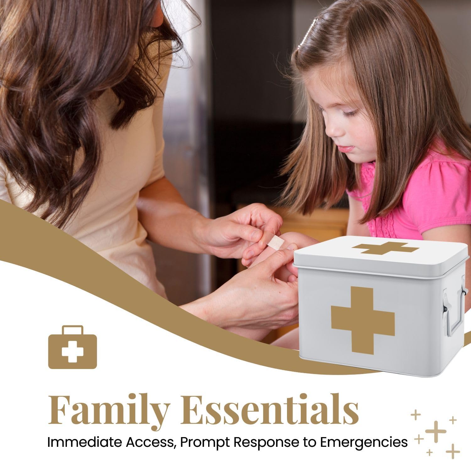 Flexzion First Aid Medicine Box Supplies Kit Organizer - Empty 8" White Metal Tin Medic Storage Bin Hard Case with Removable Tray Black Cross, Vintage Antique Boxes for Home Family Emergency Tool Set