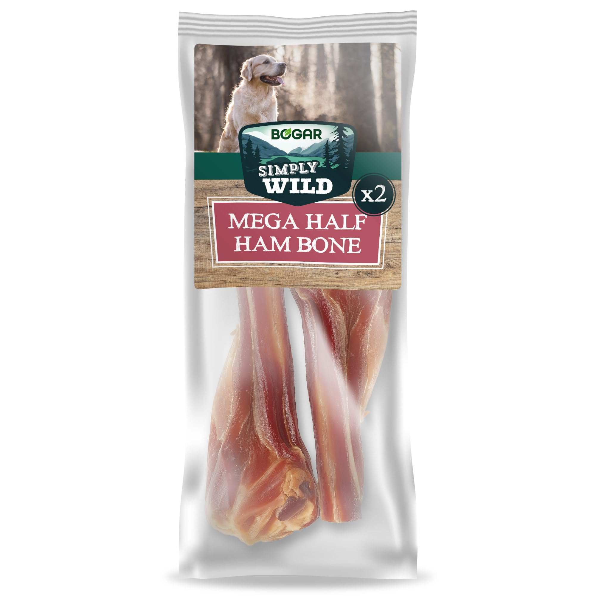 Bogar - Simply Wild - Snack per cani - Cibo per cani - Integratori a forma di mezzo osso di prosciutto - 100% maiale essiccato - Masticativi con funzione di premietti per il tuo cane