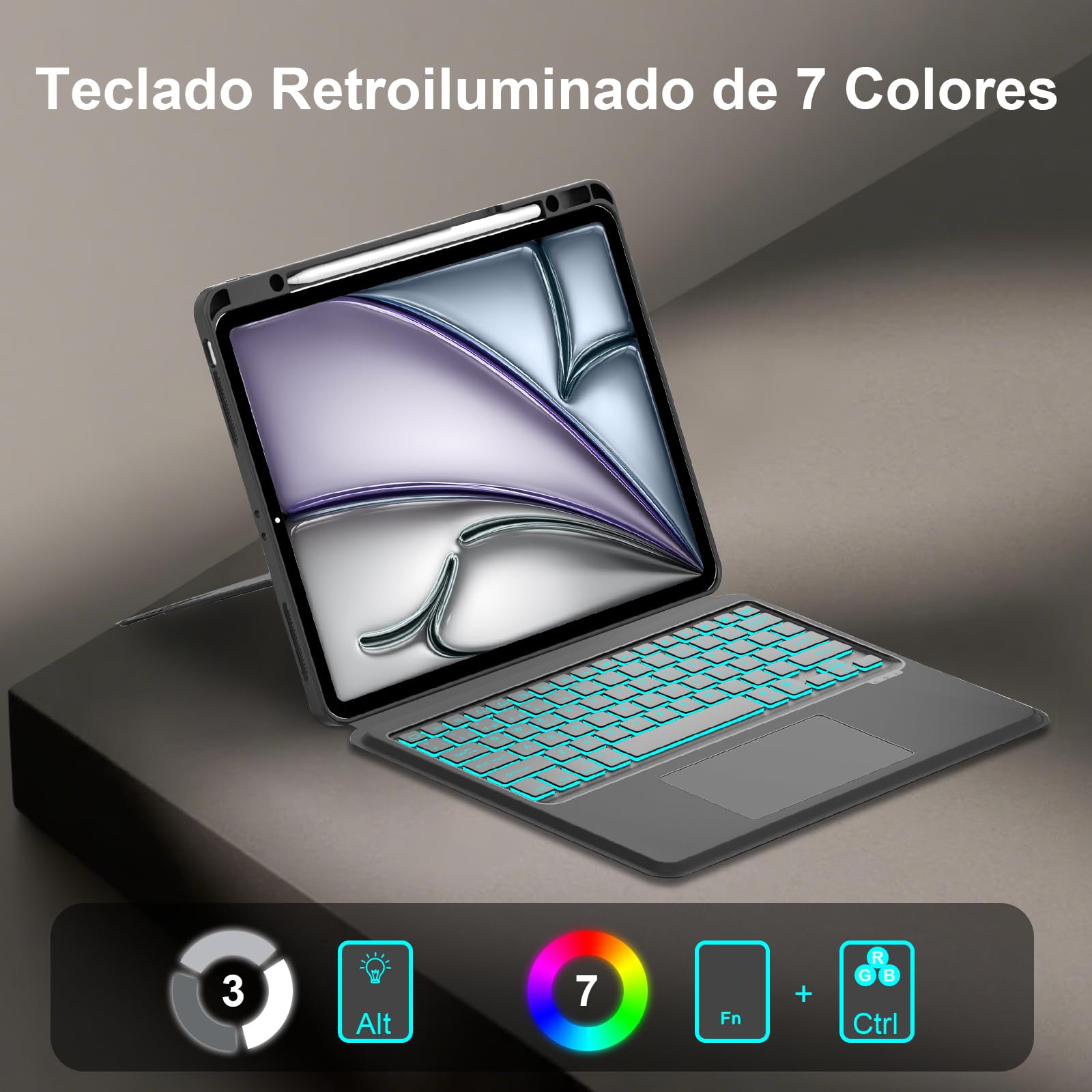 Funda Teclado para iPad Air 13 Pulgadas (M4 2026, M3 2025, M2 2024)/iPad Pro 12.9"(6.ª/5.ª/4.ª/3.ª Gen), Teclado Retroiluminado Bluetooth Desmontable con Trackpad y Soporte Ajustable Multiángulo-Negro