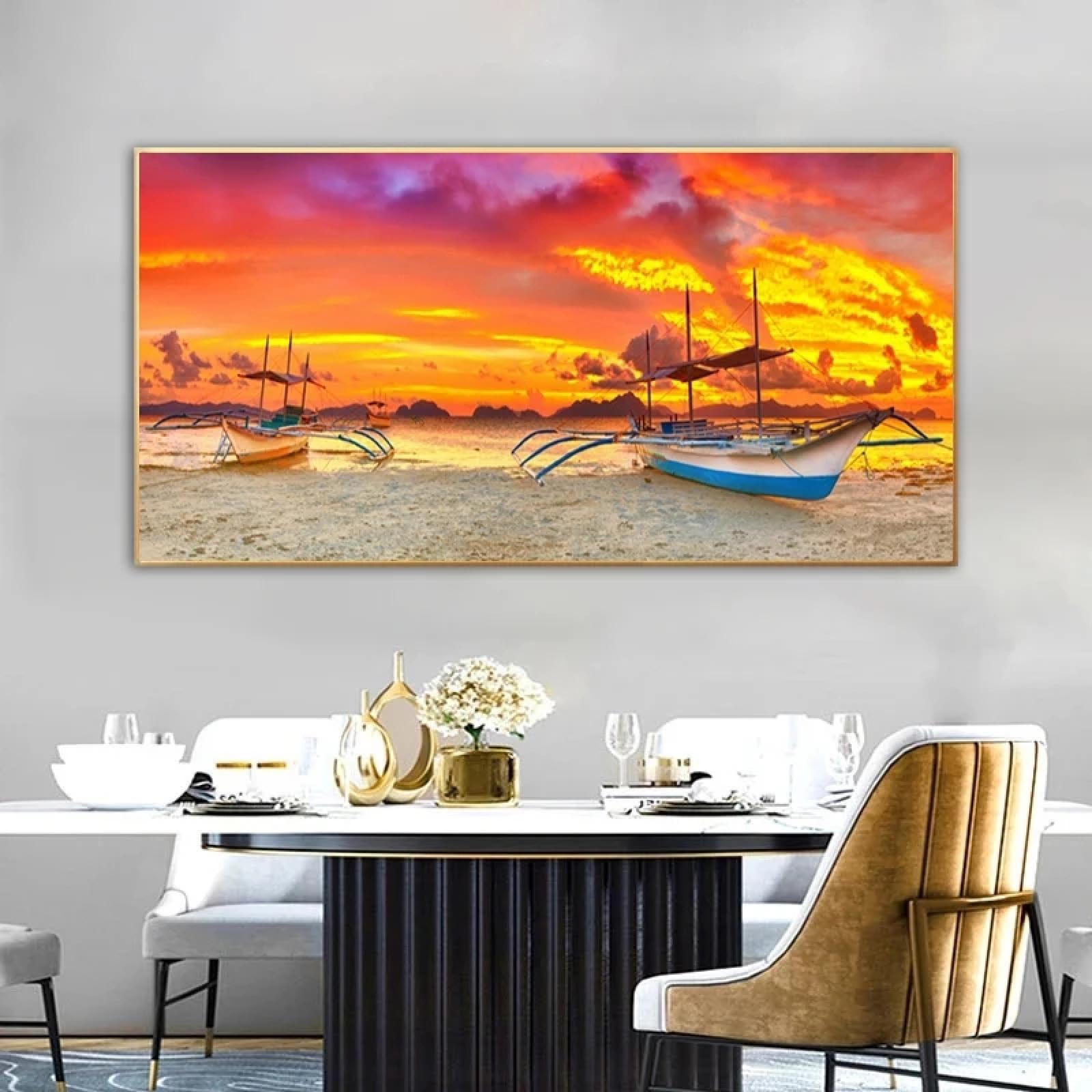 Impression d'art sur toile bateau plage coucher de soleil 90x180 cm