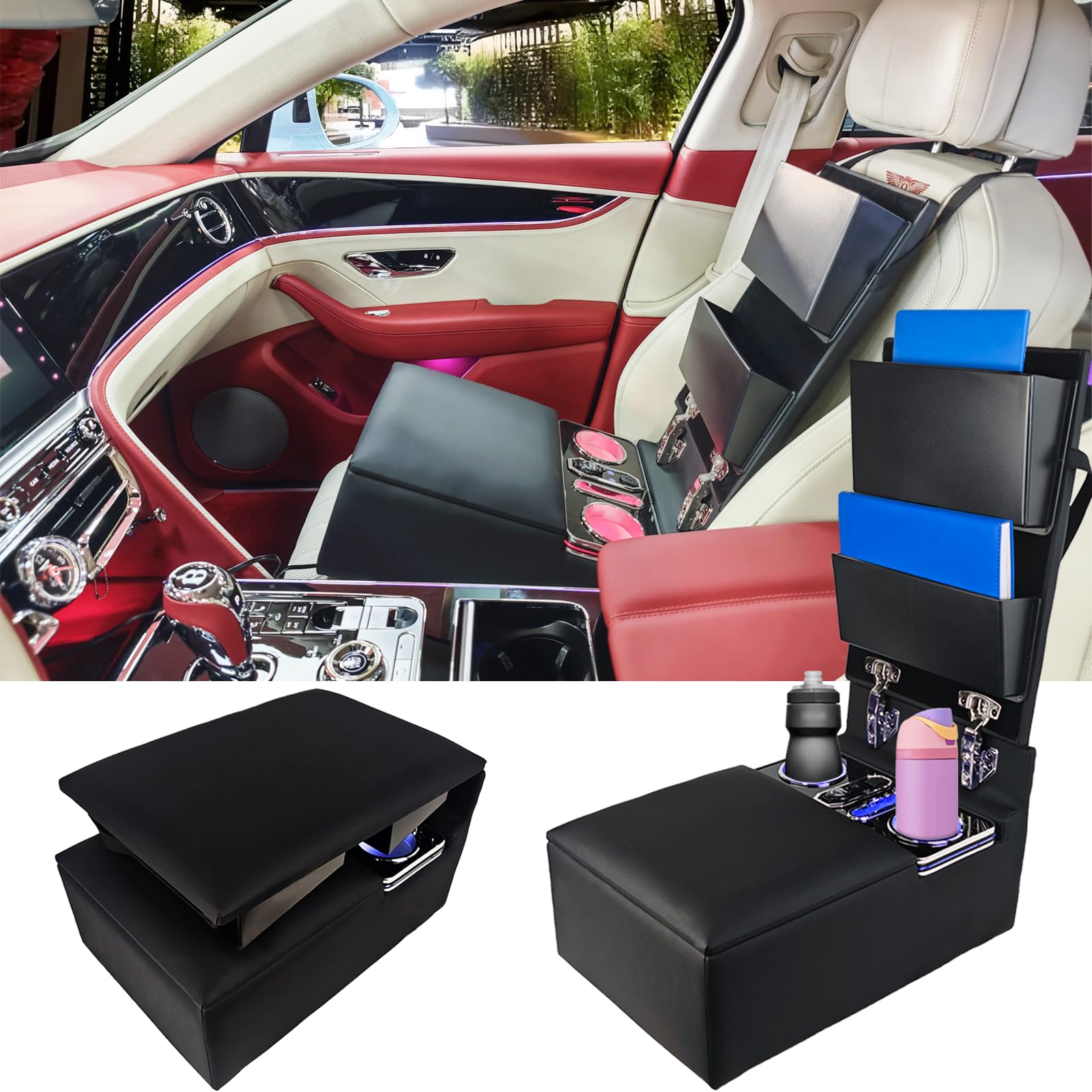 CarManager Car Organizer Organisieren Sie die Ordneraufbewahrung im Auto,Aufbewahrungsbox für die hintere Leder Armlehnenkonsole,7 farbige LED-Leuchten und type-c Anschluss[EU-Patent]