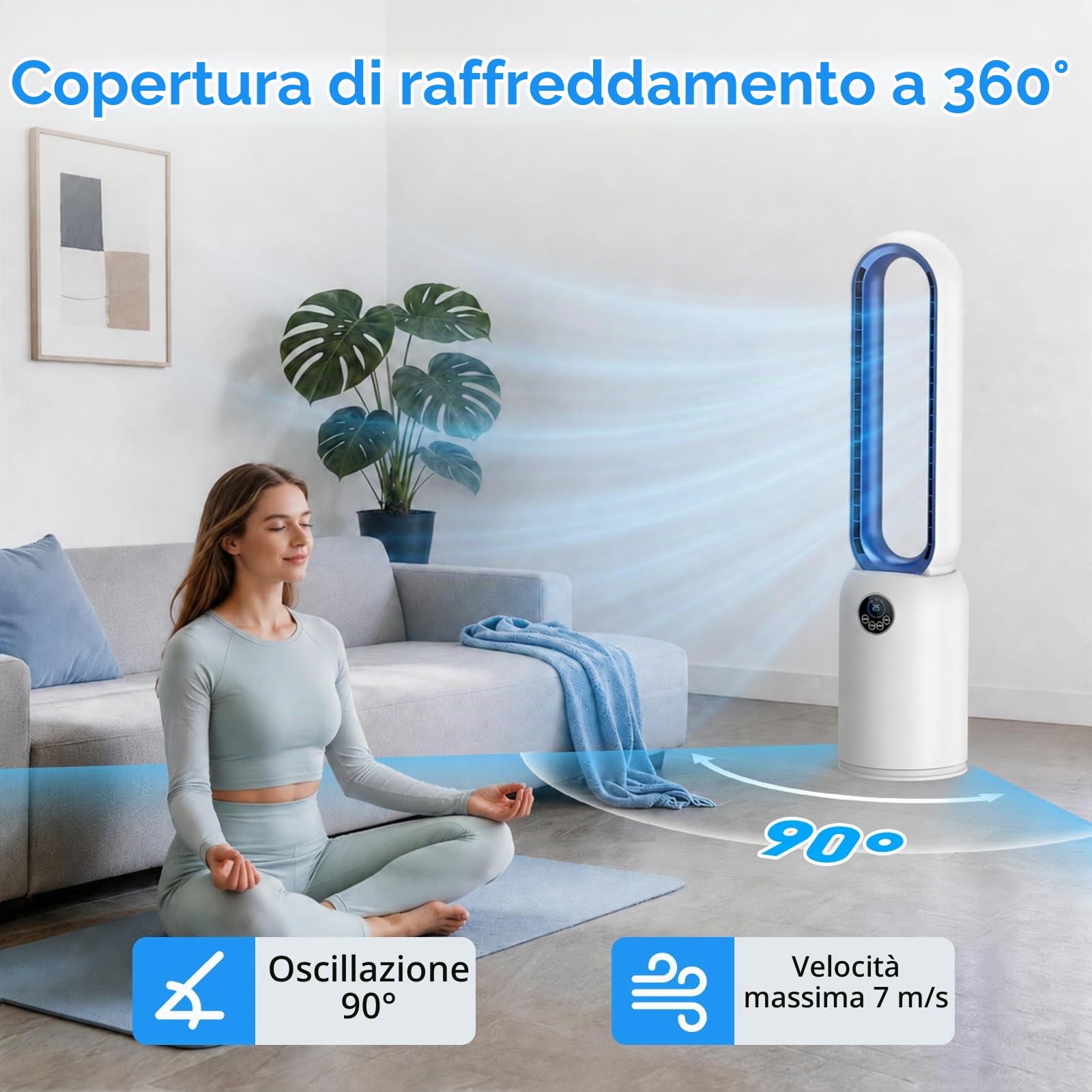 Ventilatore a Torre silenzioso, 24 Velocità, Oscillazione a 60°, Display a LED, Timer 12 Ore, Ideale per Camera da Letto, Ufficio, Soggiorno e Cucina