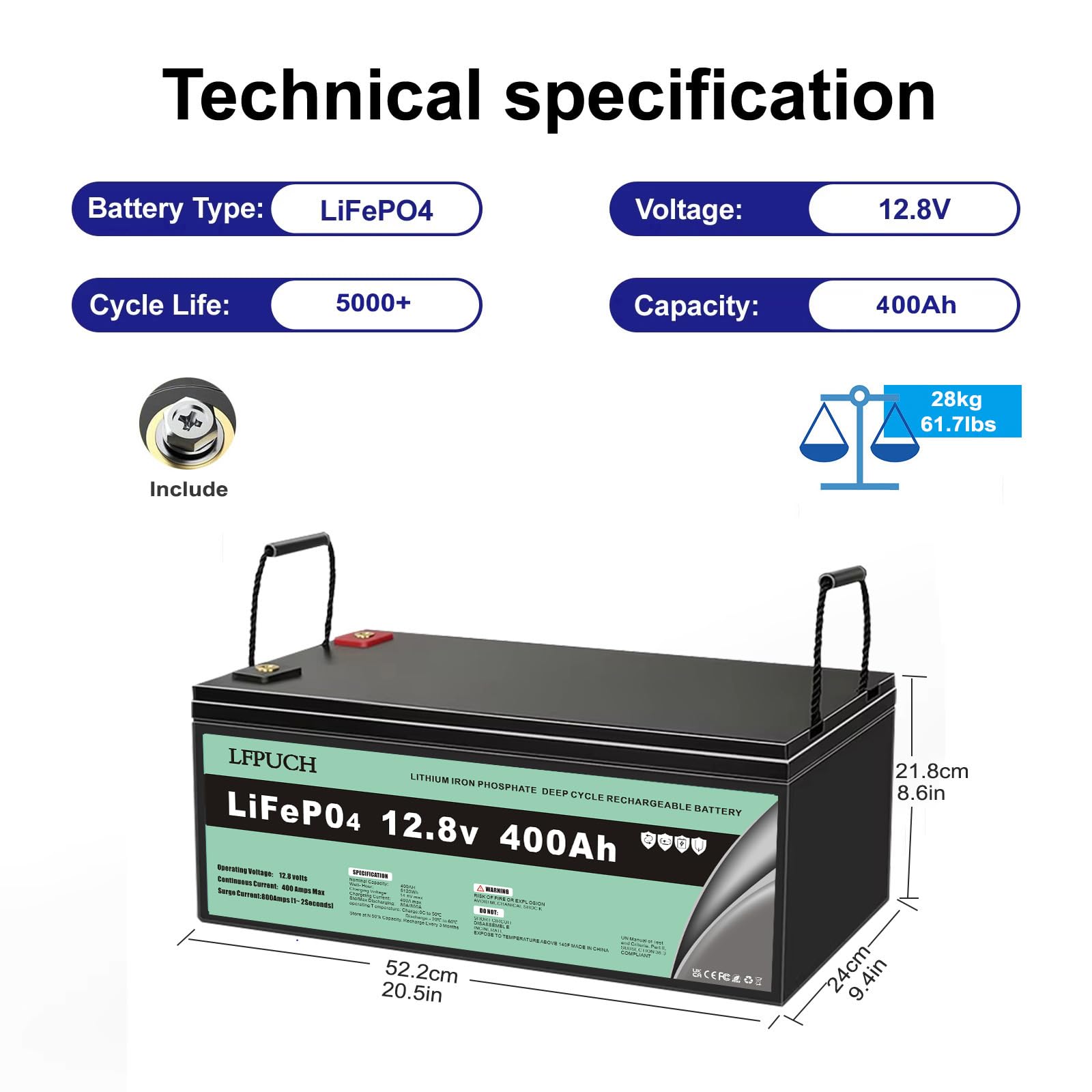 Leisure batteria，Batteria LiFePO4 12V 400Ah, al litio ferro fosfato invece della batteria AGM per auto o batteria a ciclo profondo, Adatto per impianti fotovoltaici, sistemi di accumulo di energia