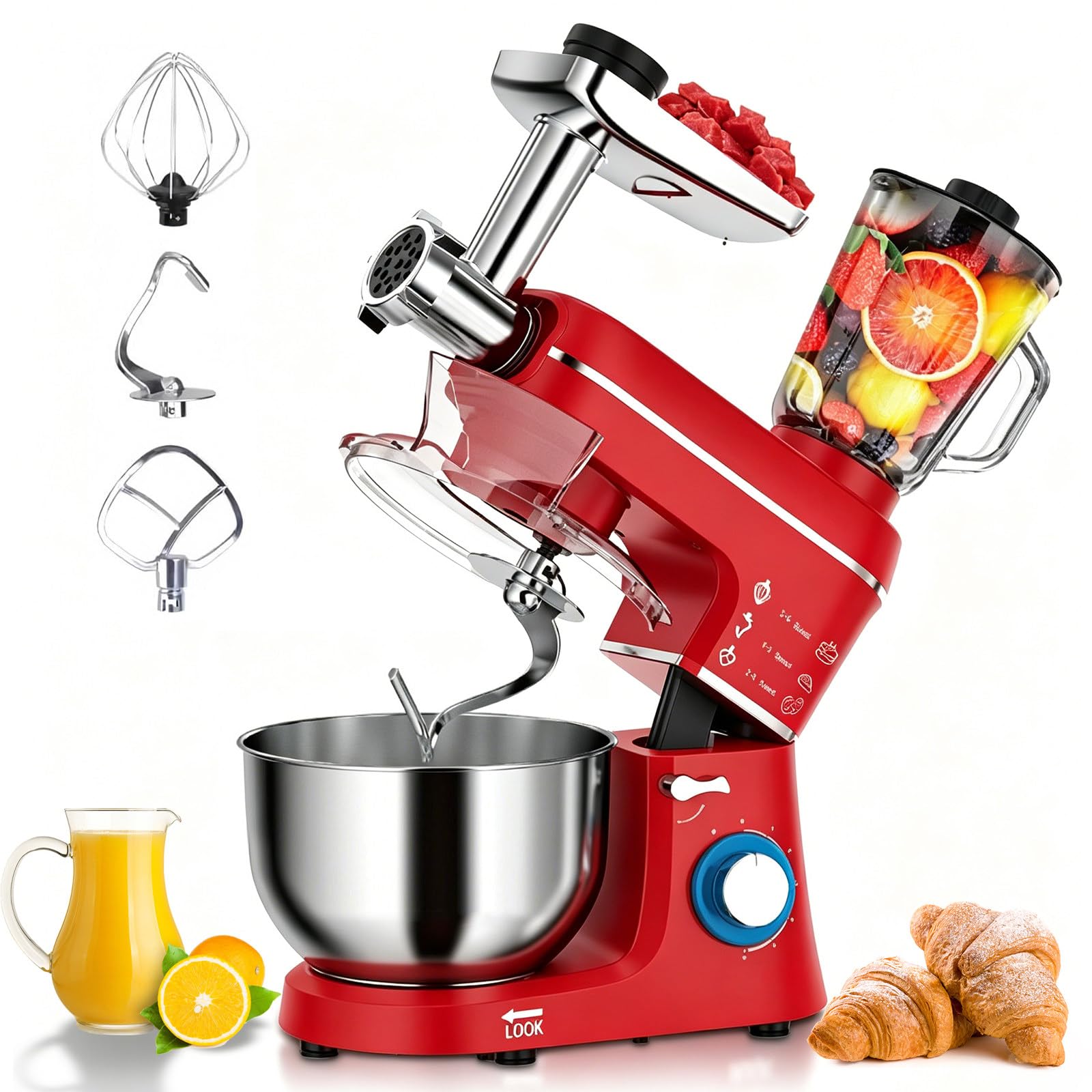 Robot de Cocina multifuncion 10L 1400W 5 en 1, tazón de Acero Inoxidable, Gancho amasador + picadora + exprimidor, Ventosa Antideslizante, para Pizza & Pan & Pasta, para Familia Red