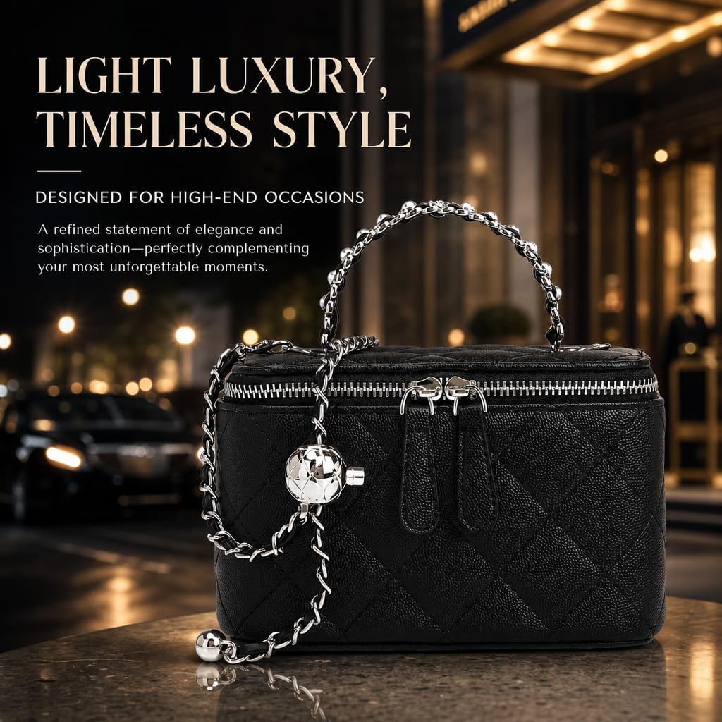 Quilted Vanity Bag for Women, Mini Box Crossbody Purse with Pearl Chain Top Handle, Designer-Inspired Trunk Bag
