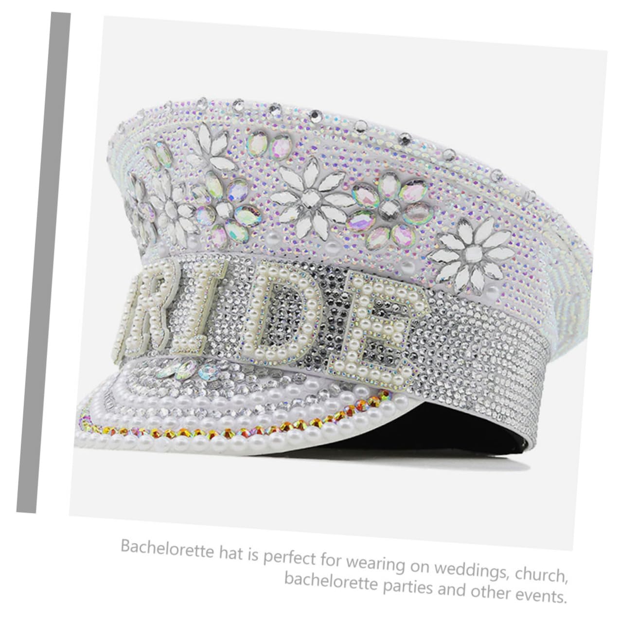 Housoutil Sombrero para Novia en Color Claro con Gemas de Imitación, Estilo Capitán, Talla Ajustable, Adecuado para Despedidas de Soltera y Fiestas de Boda, Accesorio Brillante y Elegante