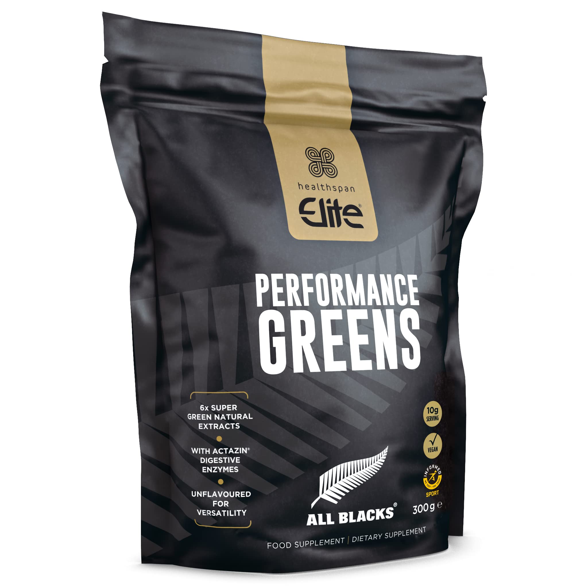 Healthspan Elite All Blacks Performance Greens (300g) | Super Green Extracts | Unflavoured | Add to Shakes or Meals | Includes Spirulina, Kale, Spinach, Broccoli & Pomegranate | Added Actazin | Vegan