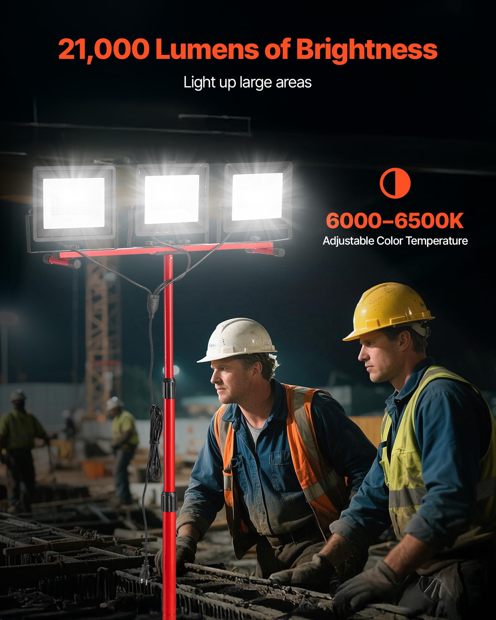 VEVOR Luz de Trabajo LED con Soporte, 21 000 Lúmenes, Luz de 3 Cabezales con Interruptor Individual, Trípode y Cable de Alimentación de 3,3 m para Obras de Construcción, Resistente al Agua IP65