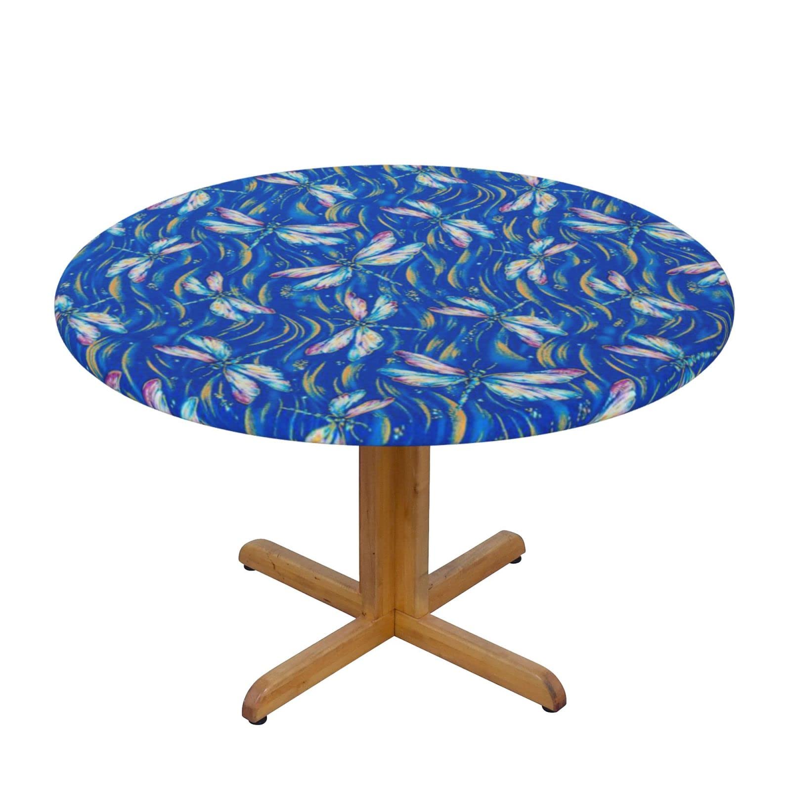 Lsjuee Round Fitted Tablecloth 45-50in Elastic Edged Table Cloth for Kitchen Dining Party Home Decor - Abstract Dragonfly Blue