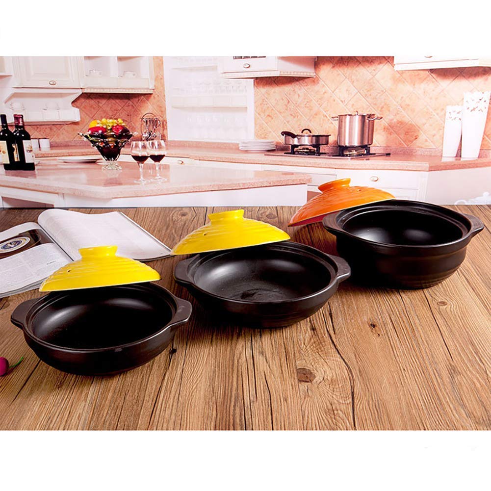 Casseruola Piatta in Ceramica Antiaderente Pentola di Terracotta. Vaso di Terracotta. Pentola Sana. Pentola per zuppa Resistente al Calore. Minestra. Pentola Calda con Coperchio Giallo. Nero