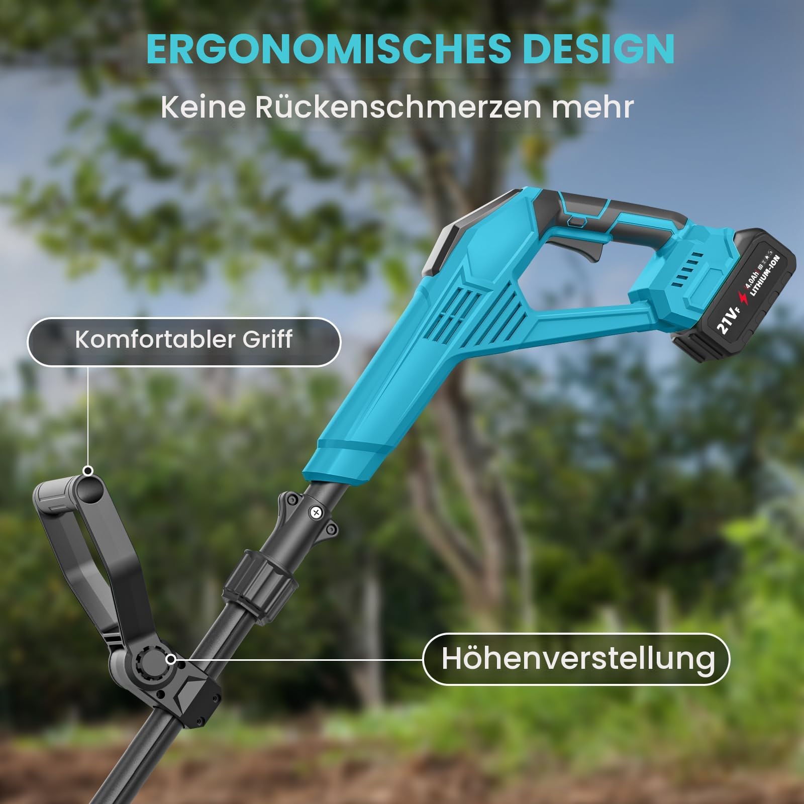 Elektrische Motorhacke, 21 V, kabellose Gartenfräse, 600 W, mit 2 x 4,0 Ah Batterien, Arbeitsbreite 17 cm, Arbeitstiefe 24 cm, 360 U/min, elektrische Motorhacke für Garten und Hof