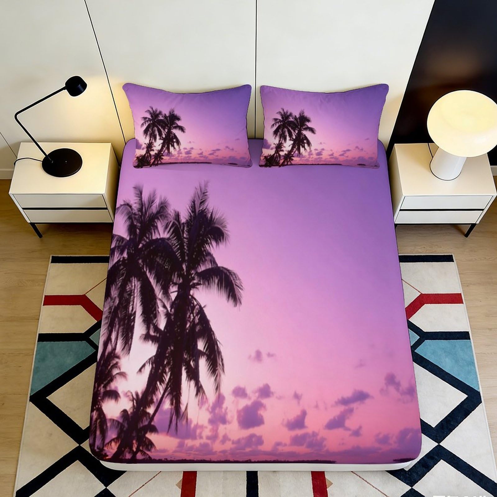 3D Printed Sunset Palm Fitted Sheet Microfiber Soft Bed Sheet Purple Tropical Decor for Bedroom Guest Room 90x200x25cm