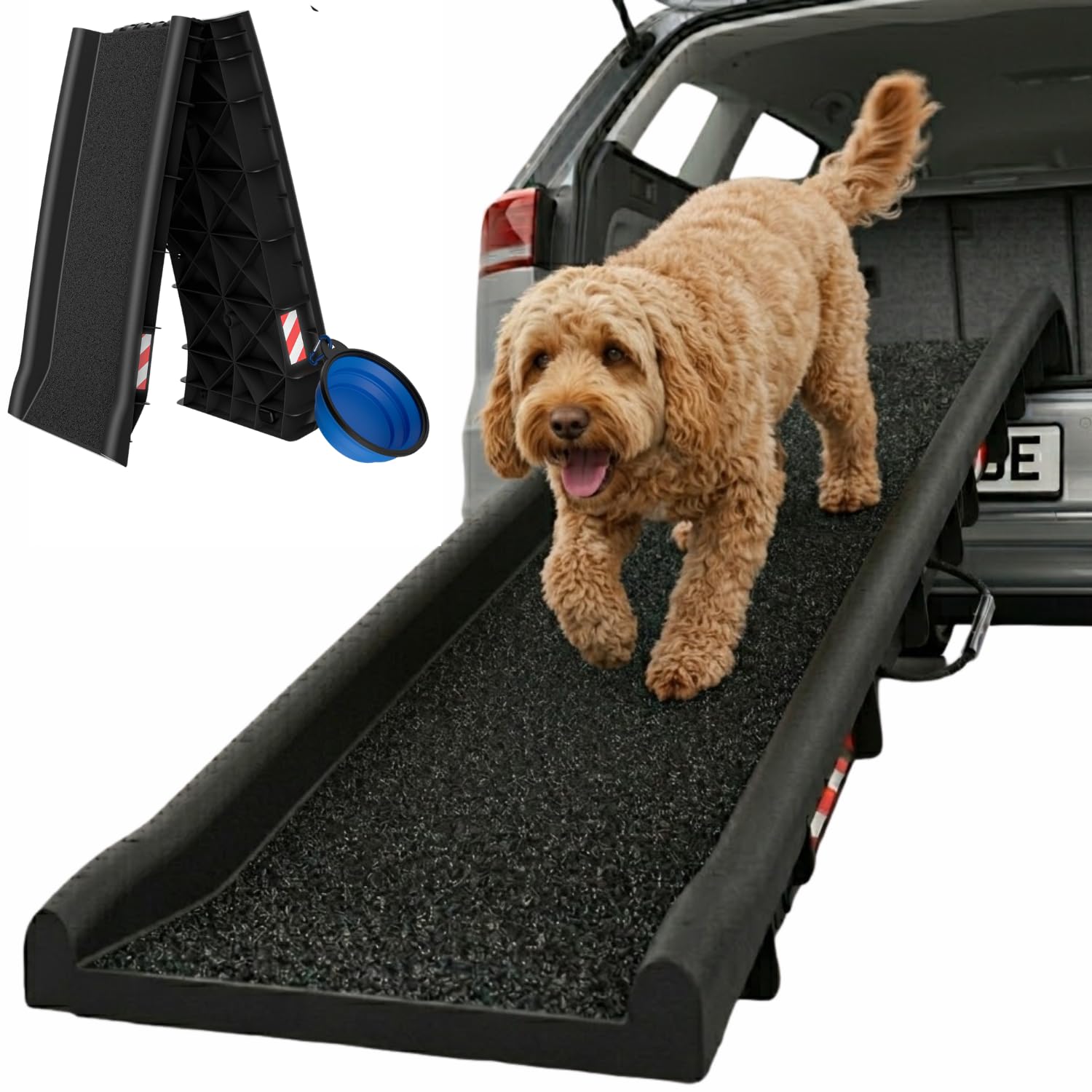 CADOCA® Foldable Dog Ramp For Cars | 156x40cm | Non Slip Surface | Lightweight & Compact | with Carrying Handle, Safety Bar, Reflectors, Bumper Protection & Drinking Bowl | Pet Boarding Aid
