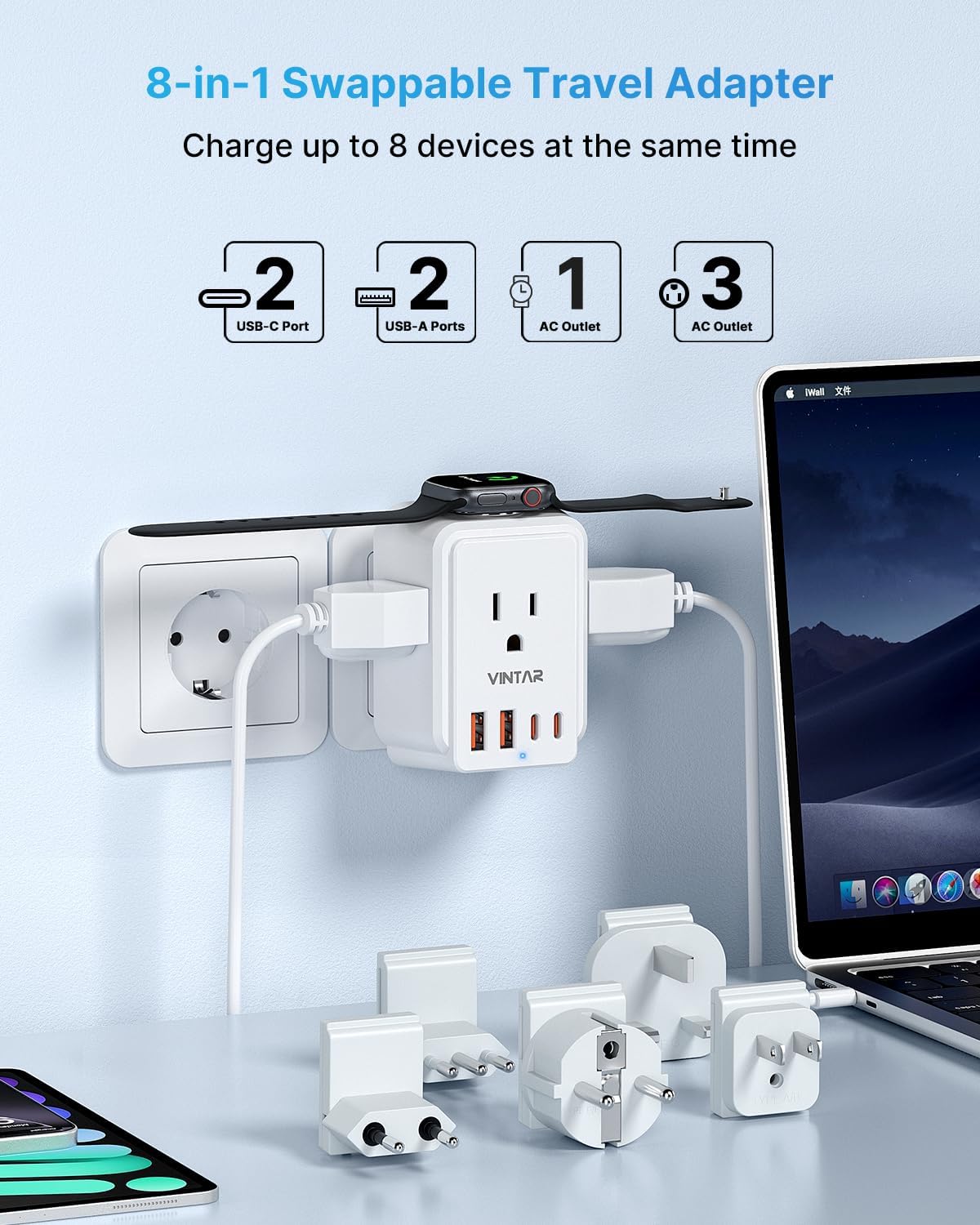 European Travel Plug Adapter Kit, VINTAR International Power Adapter for Apple Watch Charger with 3 AC Outlets 4 USB Ports (2 USB C), Type A/C/G/E/F/L Detachable Plugs, US to Europe UK Italy Spain