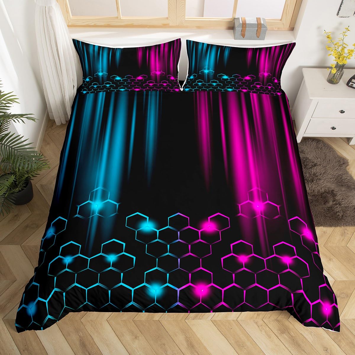 Teal and Rose Duvet Cover Set Super King Size, Abstract Ombre Honeycomb Bedding Set 3pcs for Kids Boys Bedroom Decor, Modern Geometric Comforter Cover Soft Polyester Quilt Cover with 2 Pillowcases