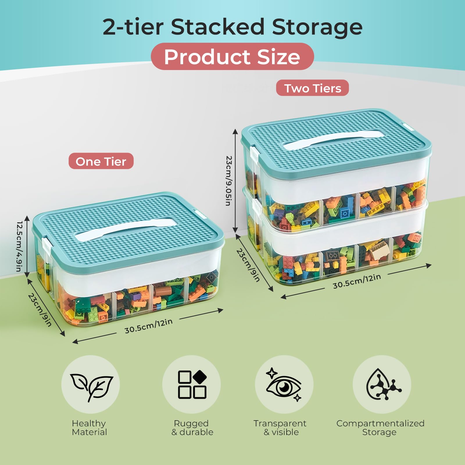 Caja Almacenaje para Lego con Tapa, 2 Capas Caja Almacenaje Plastico para Lego Organizadoras, Caja Almacenamiento Apilables Transparente para Guardar los Juguetes de los Niños