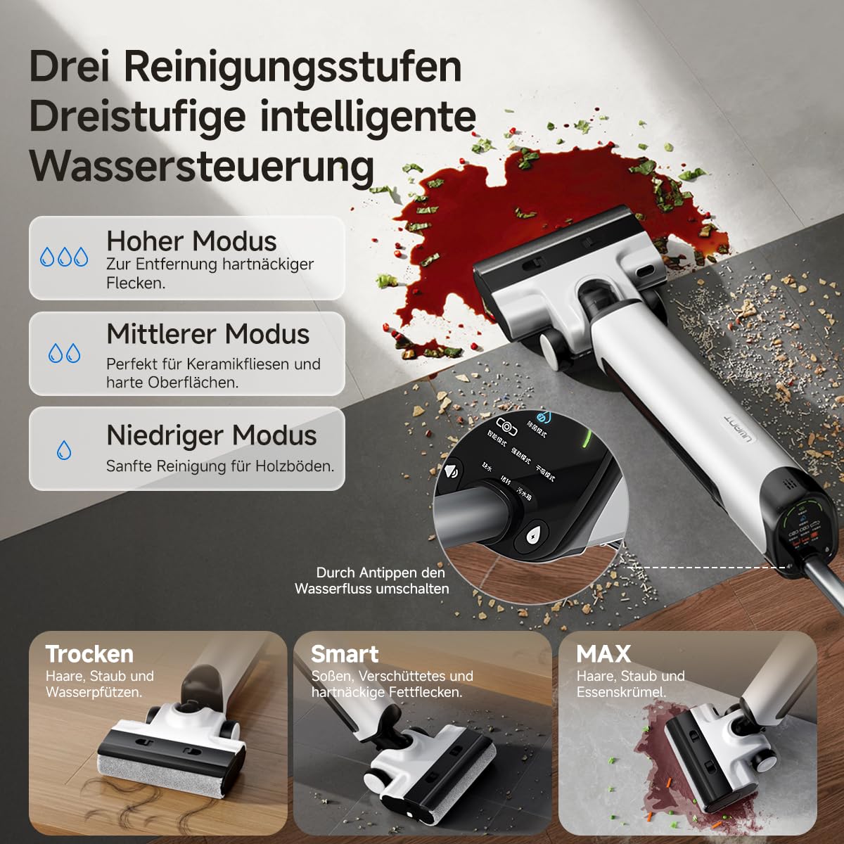 uwant D500 Nass Trockensauger,Abwassertanks-Desodorierung,180° Lay-Flat Saugwischer,17,000 Pa Saugkraft,65°C Leise Heißtrocknung,Selbstreinigend,Verwicklungsfreies Design,IPX6 wasserdichte Bodenbürste