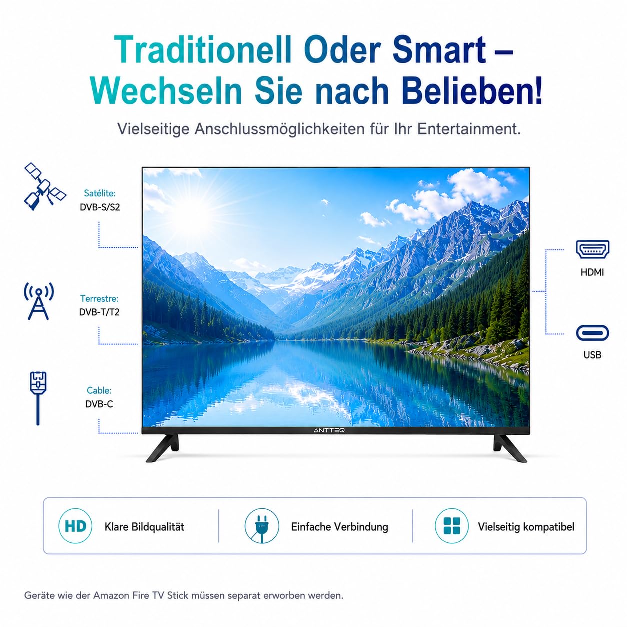 Antteq E32-AH1Q1L Fernseher 32 Zoll (TV 81 cm) LED TV, HD, Triple Tuner (DVB-T2/S2/C), mit HDMI USB-Media Player, Hotelmodus, Dolby Audio（Essencial Series）