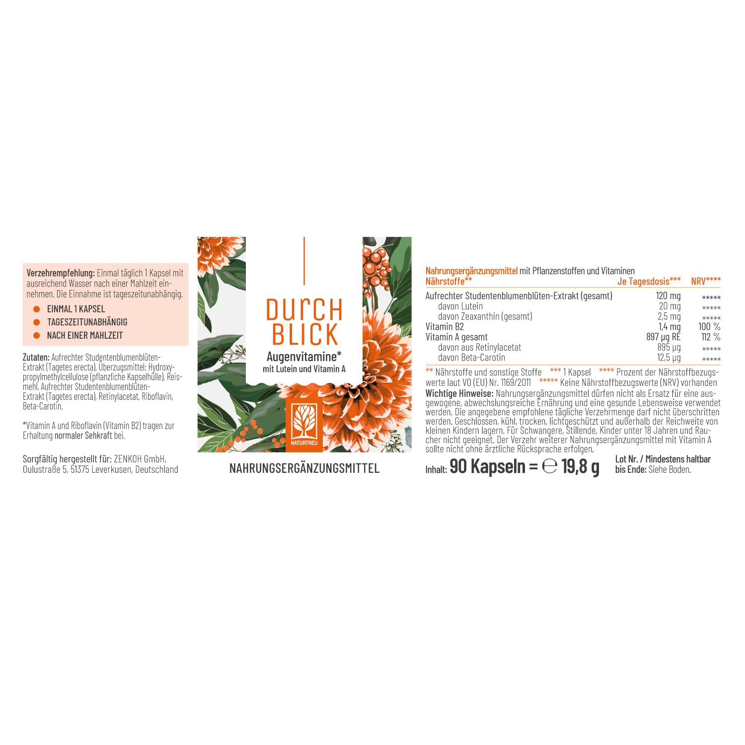 Augenvitamine - Lutein Zeaxanthin Komplex Kapseln mit Beta Carotin & Vitamin A hochdosiert & Vegan - 90 Augenkapseln mit Lutein 20mg für 3 Monate - Augen Vitamine - 100% natürlich