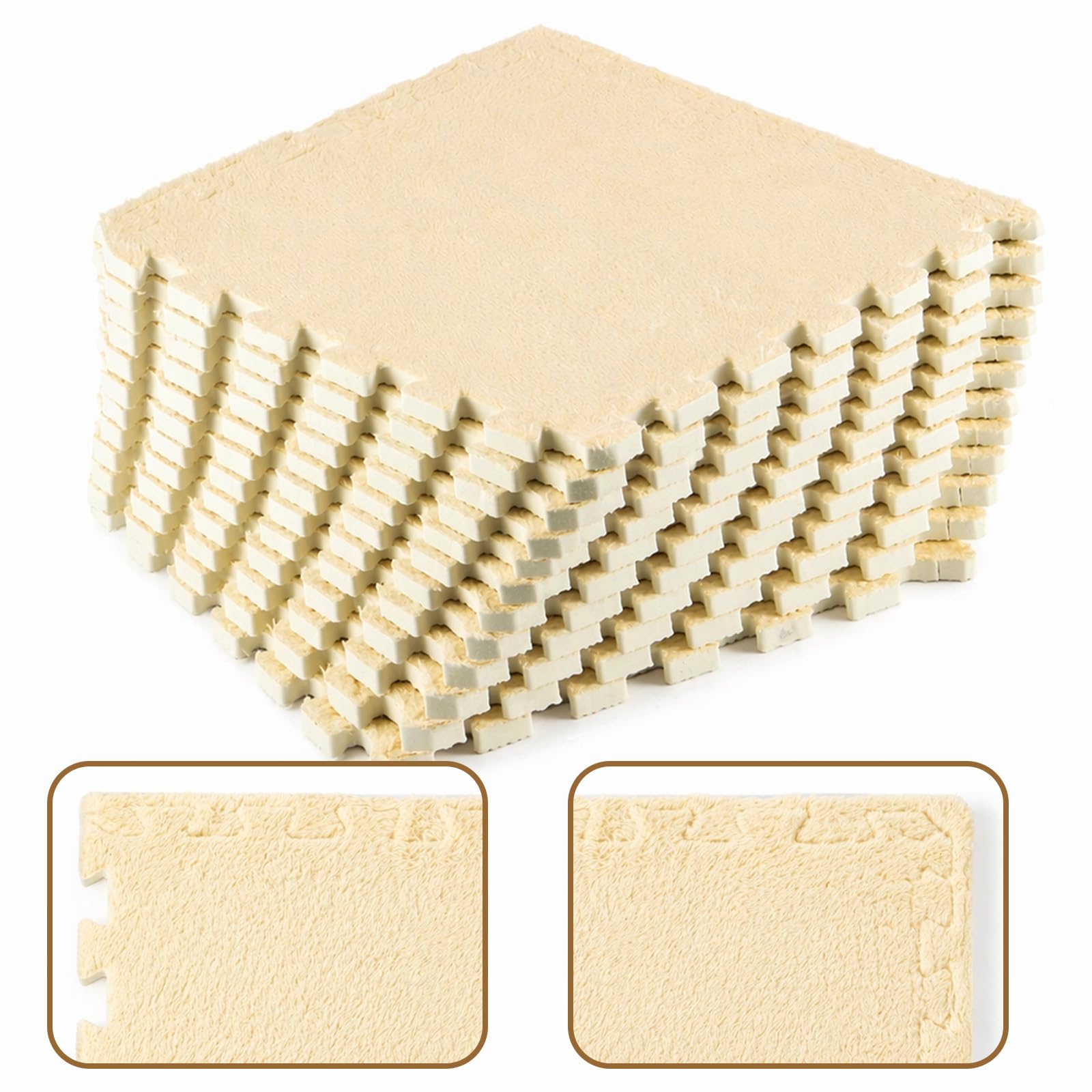 CROWNSHOP Plush Interlocking Foam Floor Tiles 30×30×1cm (12-Pack), Soft EVA Puzzle Play Mats with Edges for Kids, Yoga, Fitness, Bedroom & Living Room (Brown)