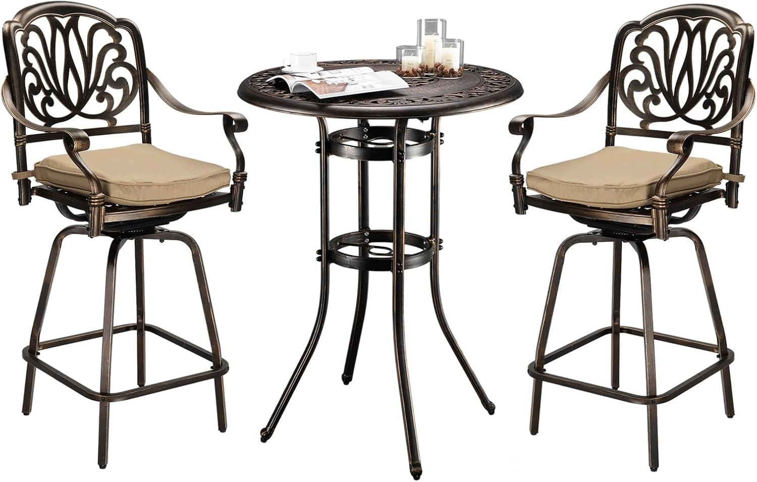 VINGLI 3 Piece Outdoor Bar Set, Cast Aluminum Outdoor Swivel Bar Stools and Table w/Umberlla Hole, All-Weather Outdoor Bar Table and Chairs Set w/Cushions for Patio Balcony(Elizabethan Back)