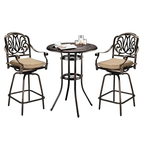 VINGLI 3 Piece Outdoor Bar Set, Cast Aluminum Outdoor Swivel