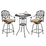 3 Piece Outdoor Bar Set, Cast Aluminum Outdoor Swivel Bar Stools and Table w/Umberlla Hole, All-Weather Outdoor Bar Table and Chairs Set w/Cushions for Patio Balcony(Elizabethan Back)