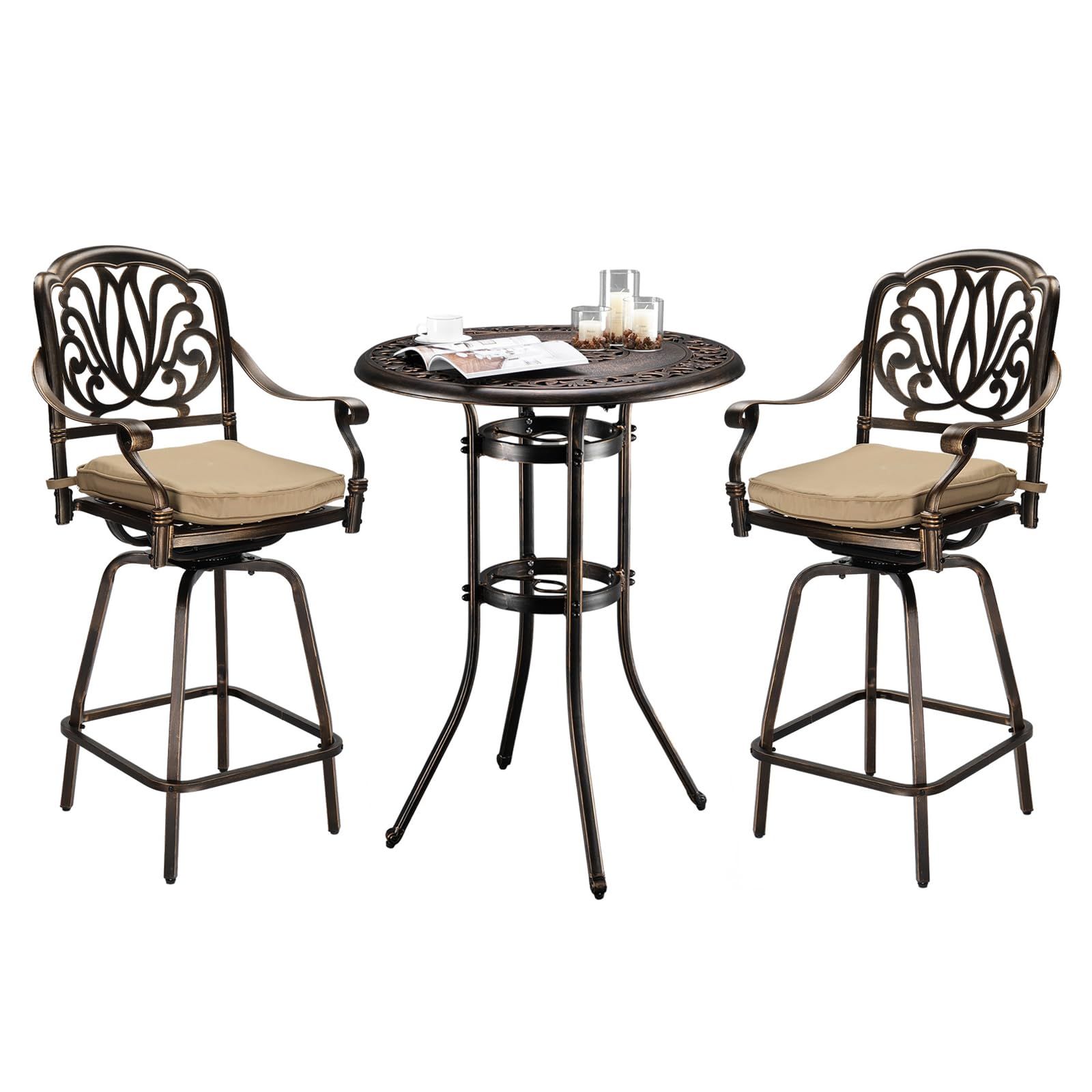 VINGLI 3 Piece Outdoor Bar Set, Cast Aluminum Outdoor Swivel Bar Stools and Table w/Umberlla Hole, All-Weather Outdoor Bar Table and Chairs Set w/