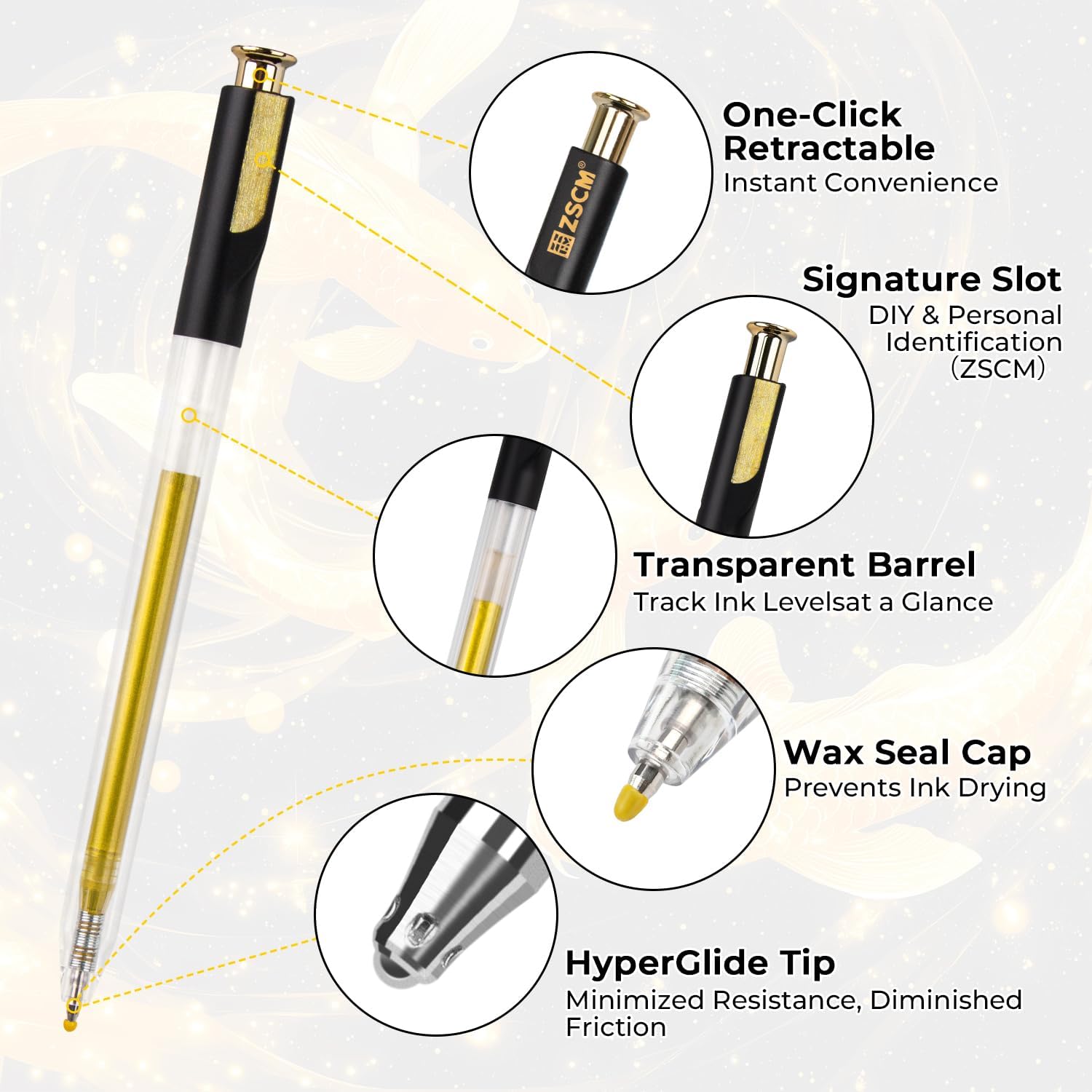 ZSCM Retractable Gold Gel Pen, 7 Nib Sizes - Precision Large Capacity Opaque Gold Archival Gel Ink Pens, Fine Point Smooth Writing Highlighter Pens for Black Paper Note Taking Aesthetic Art Supplies